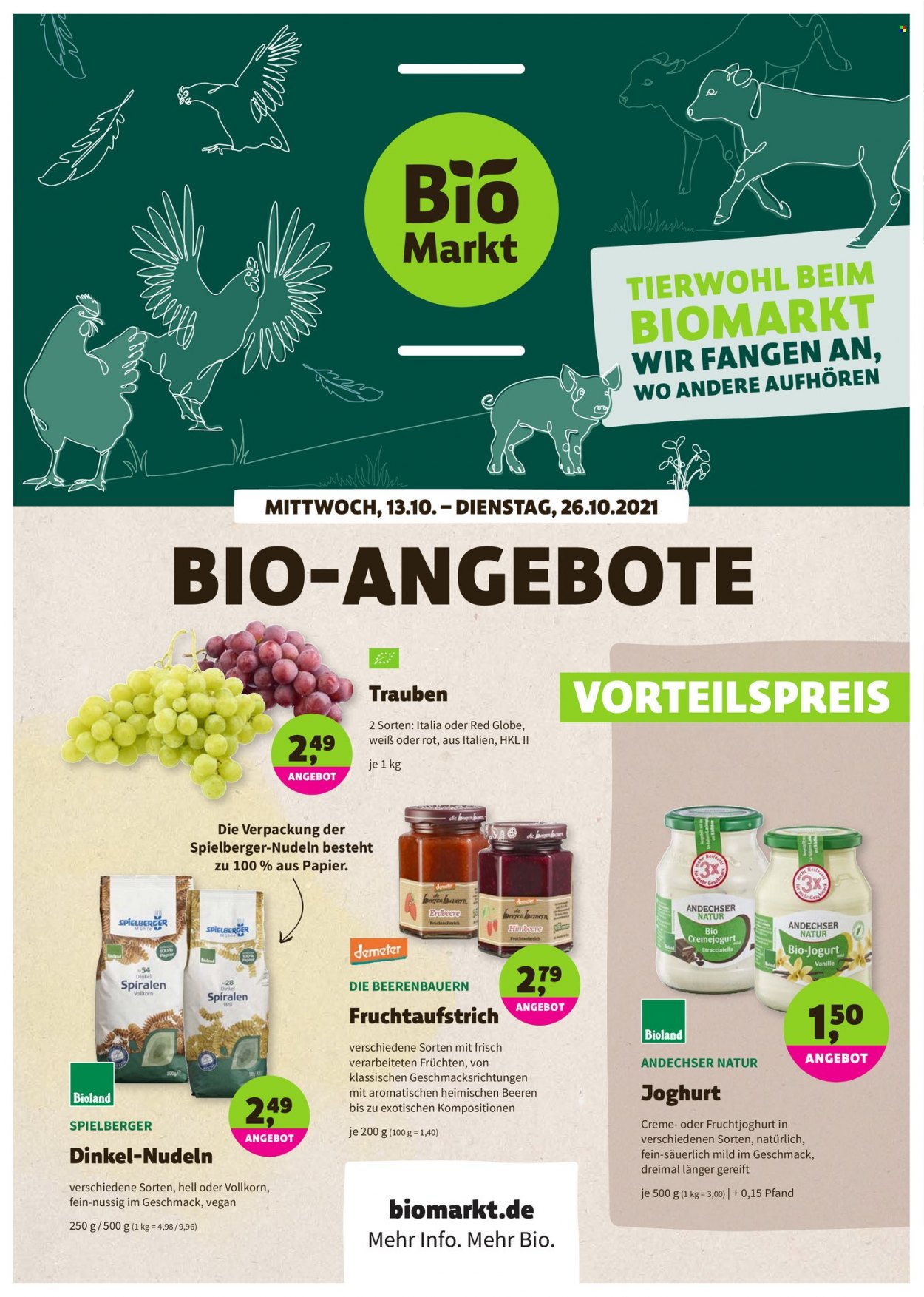 thumbnail - Prospekte BioMarkt - 13.10.2021 - 26.10.2021 - Produkte in Aktion - Trauben, Joghurt, Fruchtjoghurt, Bio-Joghurt, Nudeln, Fruchtaufstrich. Seite 1.