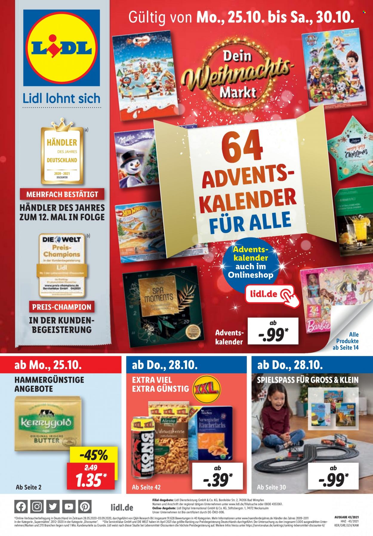 thumbnail - Prospekte Lidl - 25.10.2021 - 30.10.2021 - Produkte in Aktion - Kerrygold, Butter, Barbie. Seite 1.