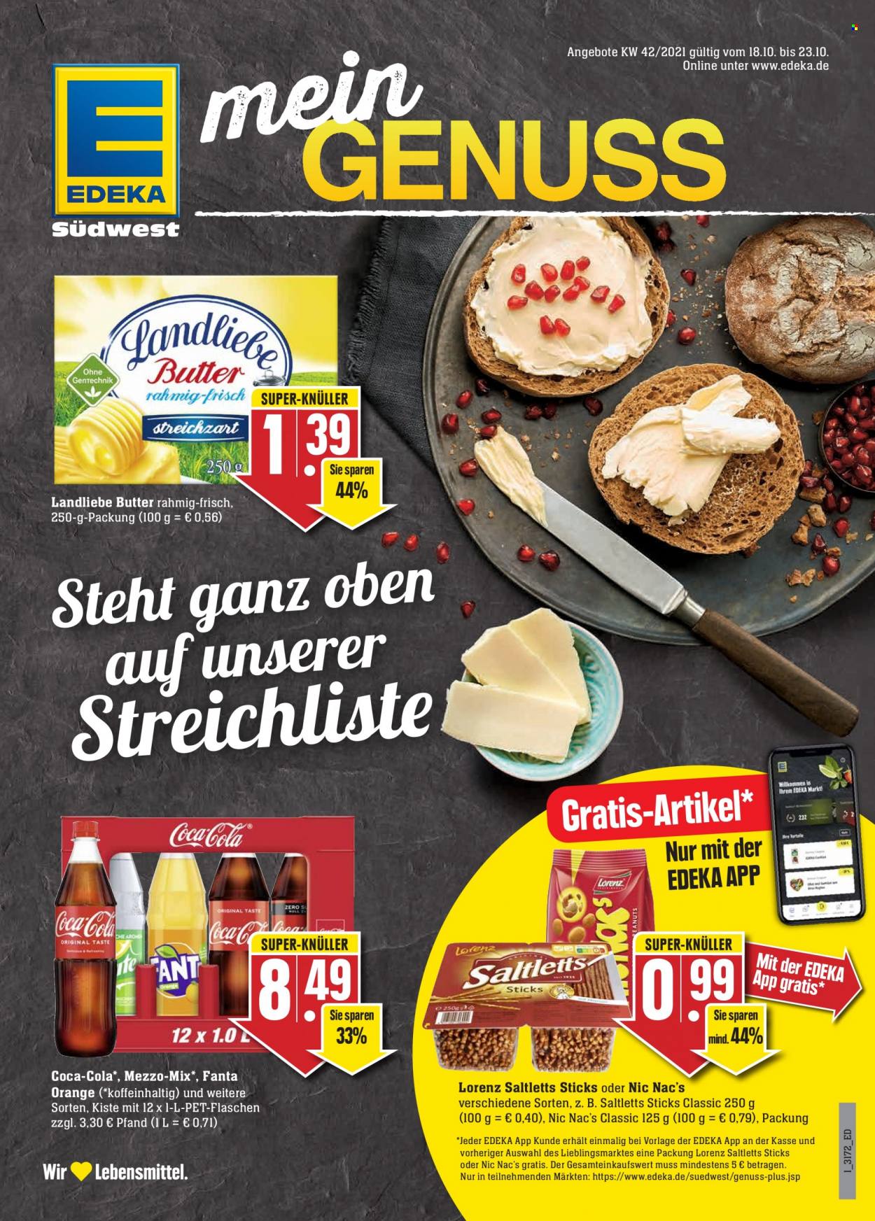 thumbnail - Prospekte Edeka - 18.10.2021 - 23.10.2021 - Produkte in Aktion - Landliebe, Butter, Streichzart, Nic Nac's, Lorenz, Erdnüsse, Coca-Cola, Fanta. Seite 1.