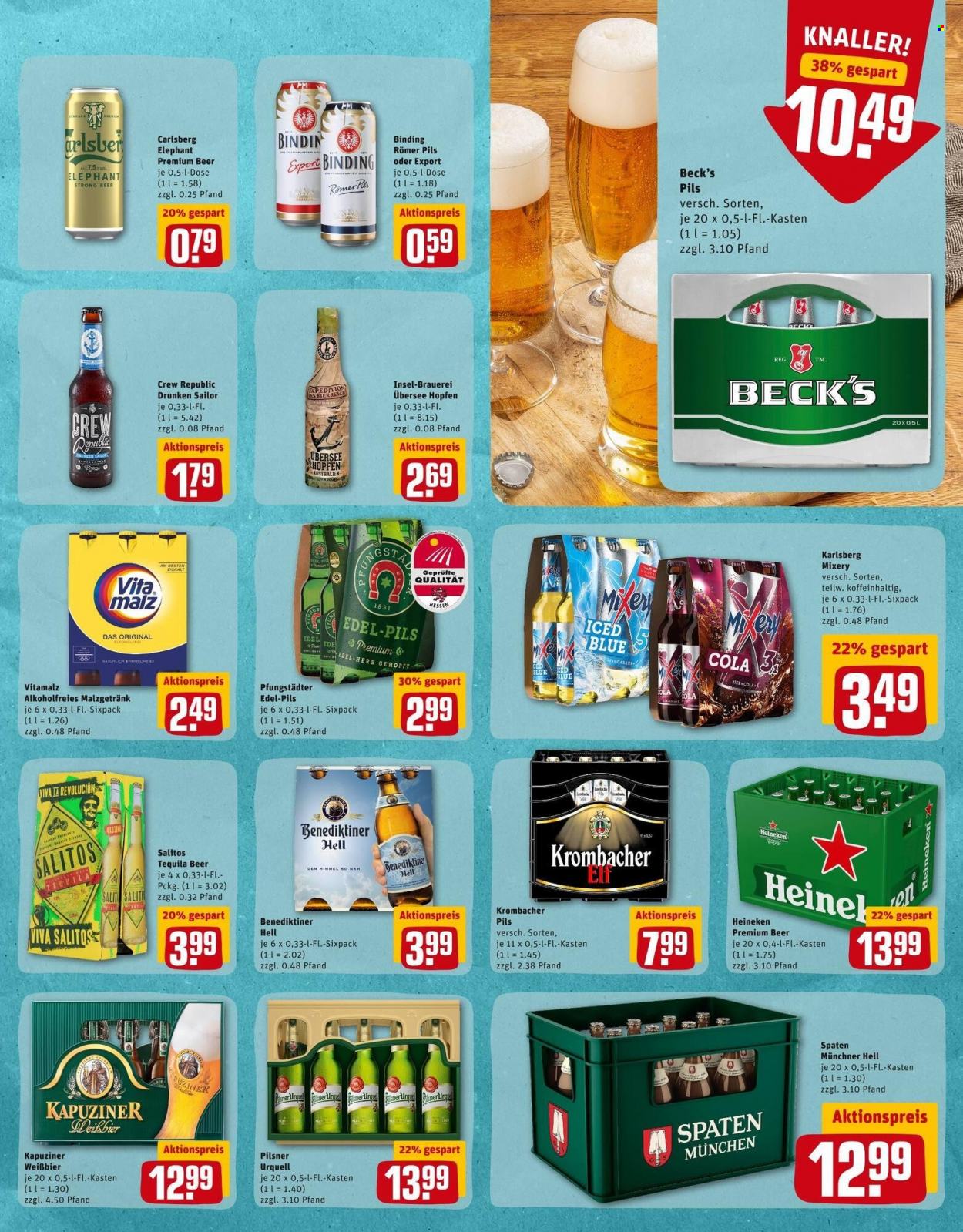 thumbnail - Prospekte REWE - 18.10.2021 - 23.10.2021 - Produkte in Aktion - Beck's, Krombacher, Bier, Heineken, Weißbier, Alkohol, Carlsberg, Benediktiner, Spaten, Tequila. Seite 17.