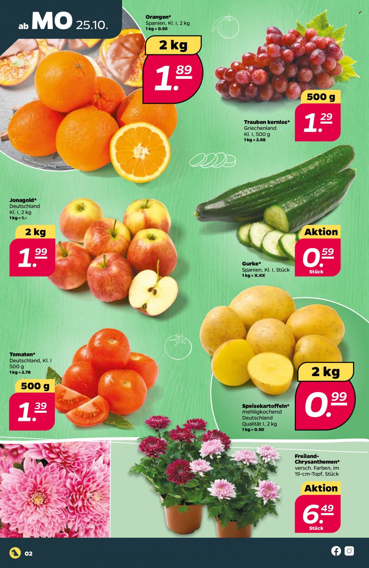 thumbnail - Prospekte Netto - 25.10.2021 - 30.10.2021 - Produkte in Aktion - Tomaten, Speisekartoffeln, Kartoffeln, Gurken, Trauben, Äpfel, Orangen, Chrysanthemen. Seite 2.