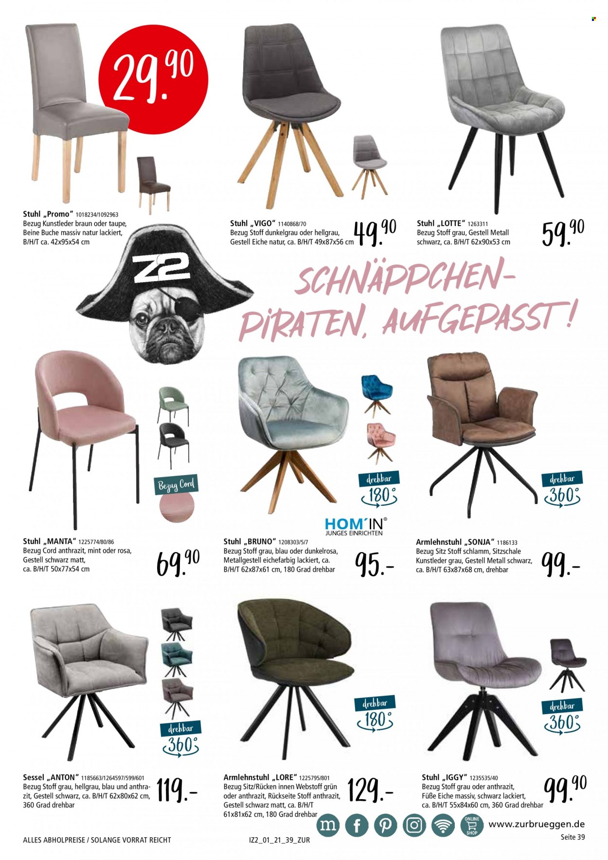 thumbnail - Prospekte Zurbrüggen - 22.10.2021 - 30.06.2022 - Produkte in Aktion - Stuhl, Sessel. Seite 39.