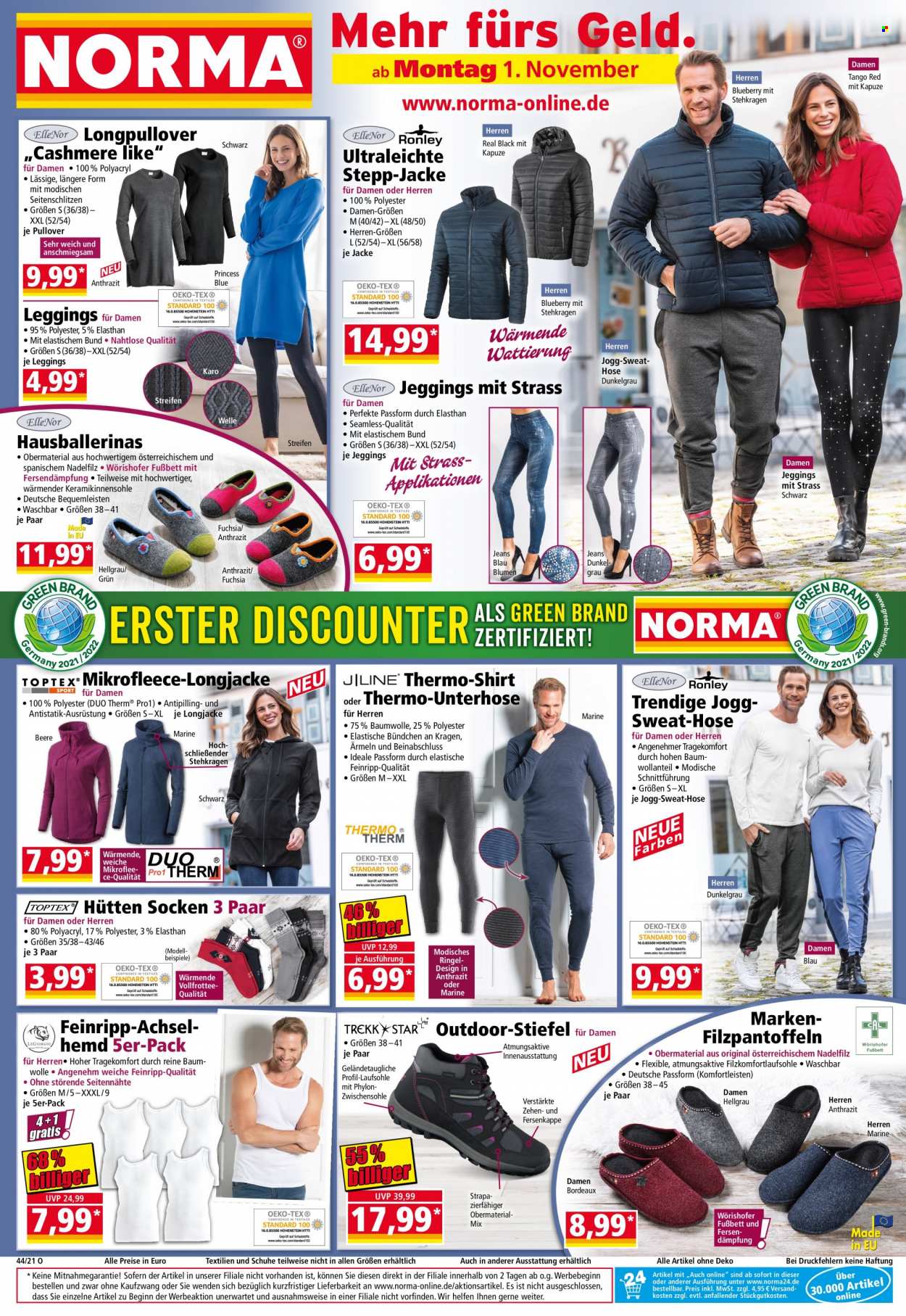 thumbnail - Prospekte Norma - 1.11.2021 - 7.11.2021 - Produkte in Aktion - Jacke, Leggings, Jeans, Hose, Sweathose, Shirt, Pullover, Socken. Seite 1.