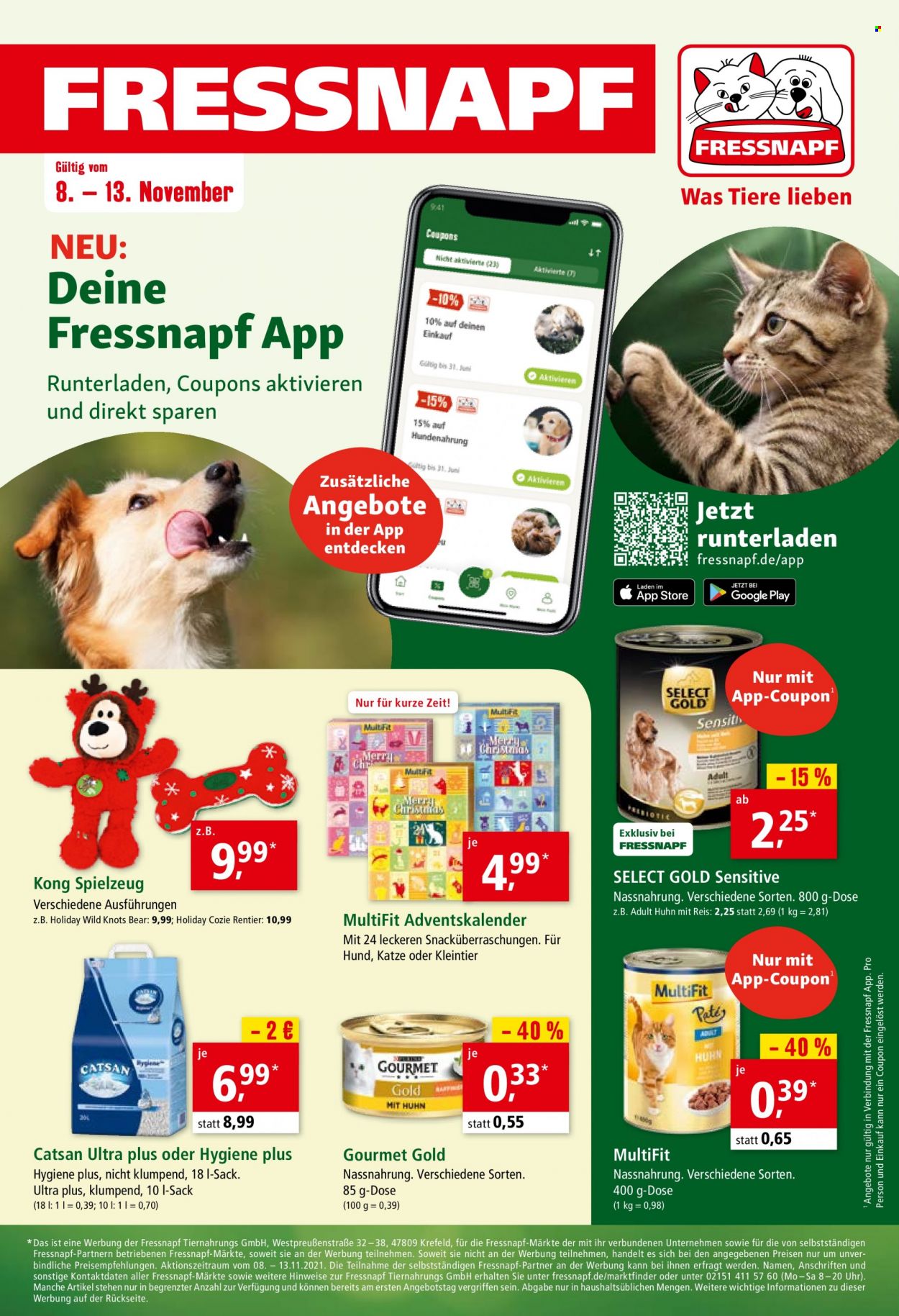 thumbnail - Prospekte Fressnapf - 8.11.2021 - 13.11.2021 - Produkte in Aktion - Adventskalender, Katzenfutter, Hundenahrung, Gourmet Gold. Seite 1.