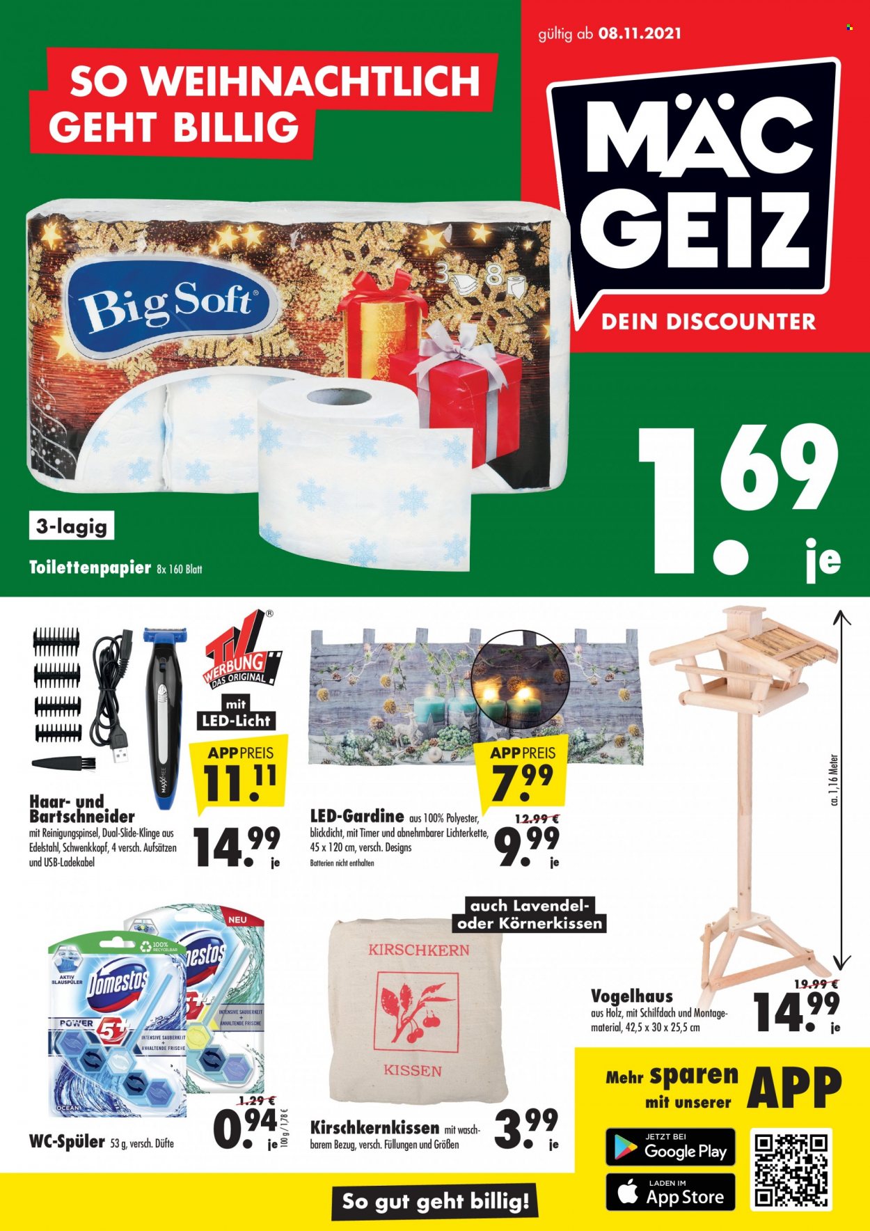 thumbnail - Prospekte Mäc-Geiz - 8.11.2021 - 14.11.2021 - Produkte in Aktion - Toilettenpapier, WC-Steine, Kissen, Bartschneider, Lichterkette, Lavendel. Seite 1.