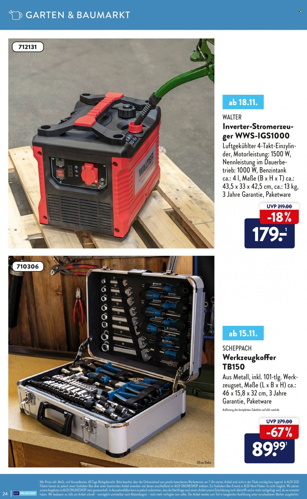 thumbnail - Prospekte ALDI Nord - Produkte in Aktion - Werkzeugbox, Stromerzeuger. Seite 24.