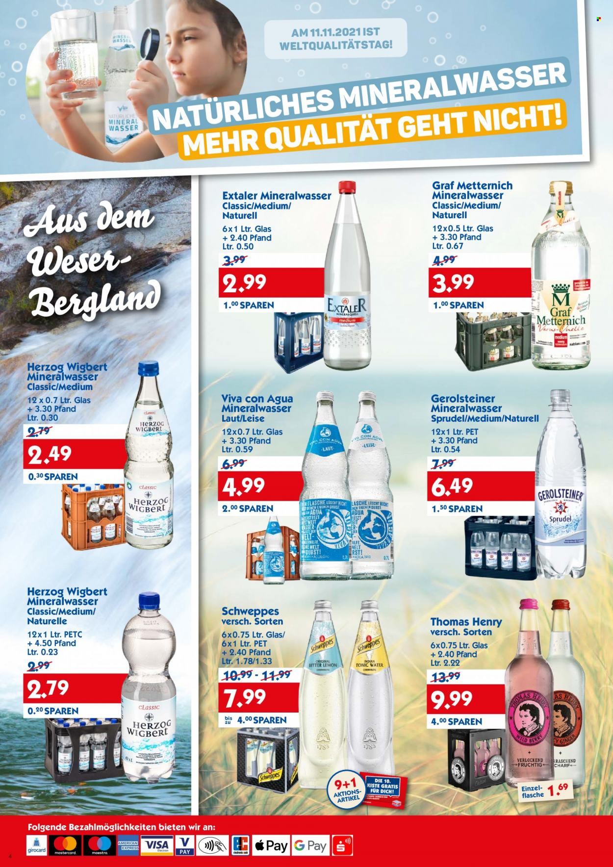 thumbnail - Prospekte Hol'ab! Getränkemarkt - 8.11.2021 - 13.11.2021 - Produkte in Aktion - Schweppes, Sprudel, Mineralwasser, Gerolsteiner, Mineralwasser Classic, Extaler. Seite 4.