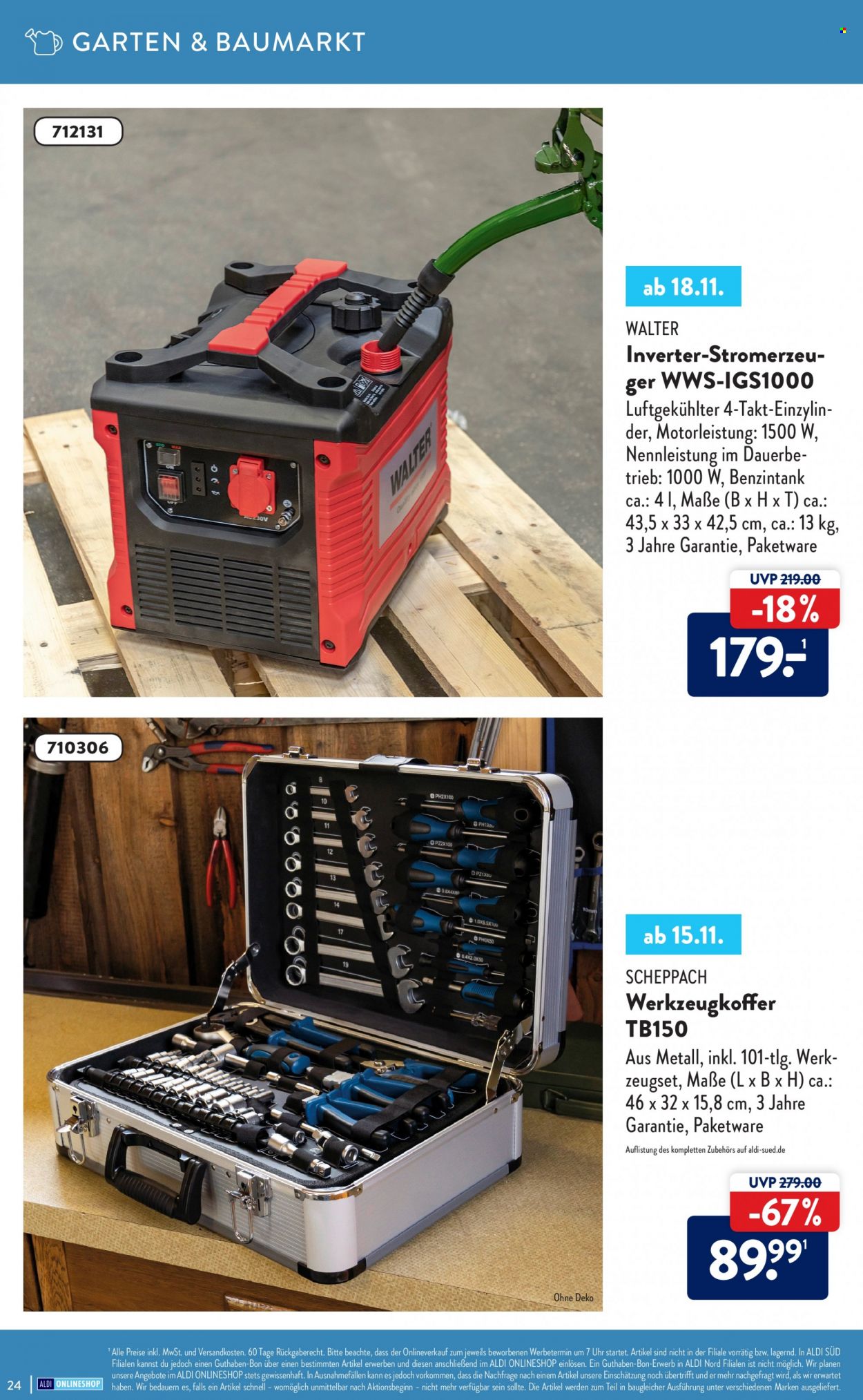 thumbnail - Prospekte ALDI SÜD - Produkte in Aktion - Werkzeugbox, Stromerzeuger. Seite 24.