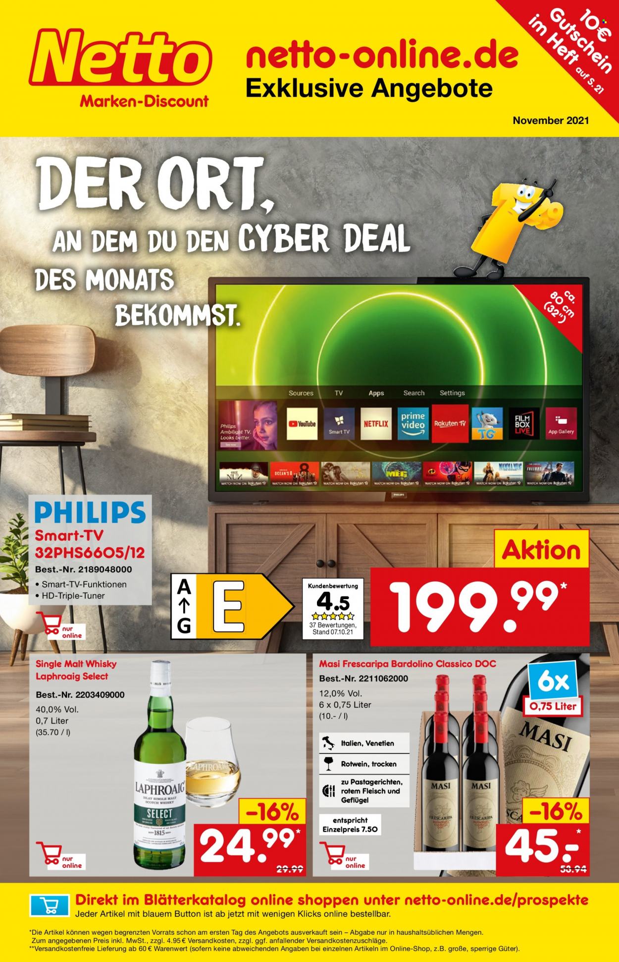 thumbnail - Prospekte Netto Marken-Discount - 1.11.2021 - 30.11.2021 - Produkte in Aktion - Alkohol, Wein, Rotwein, Whiskey, Single Malt. Seite 1.