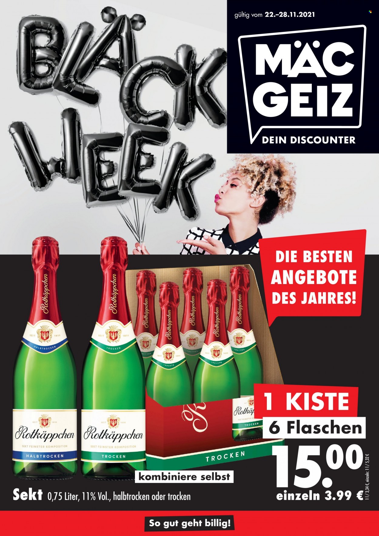 thumbnail - Prospekte Mäc-Geiz - 22.11.2021 - 28.11.2021 - Produkte in Aktion - Alkohol, Wein, Sekt, Rotkäppchen. Seite 1.