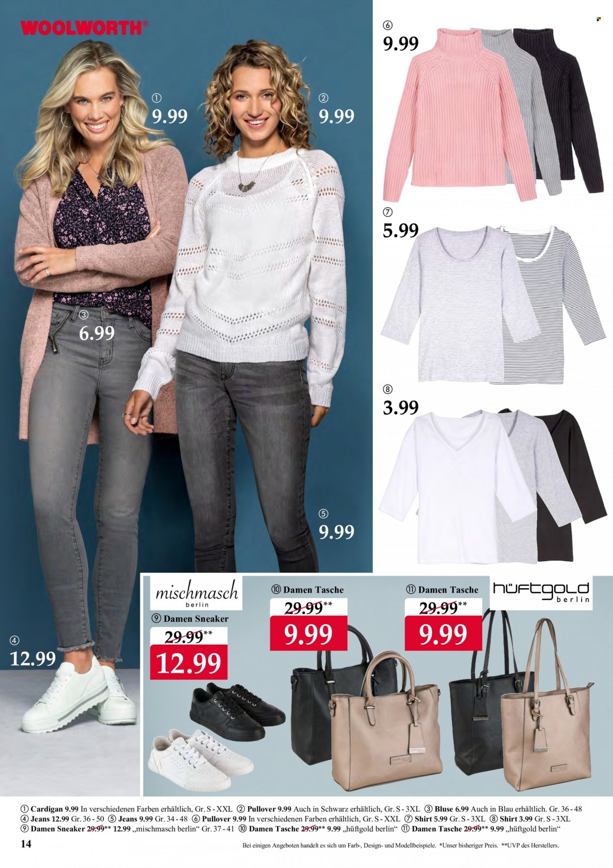 thumbnail - Prospekte Woolworth - 27.11.2021 - 4.12.2021 - Produkte in Aktion - Sneakers, Jeans, Shirt, Bluse, Cardigan, Pullover, Tasche. Seite 14.