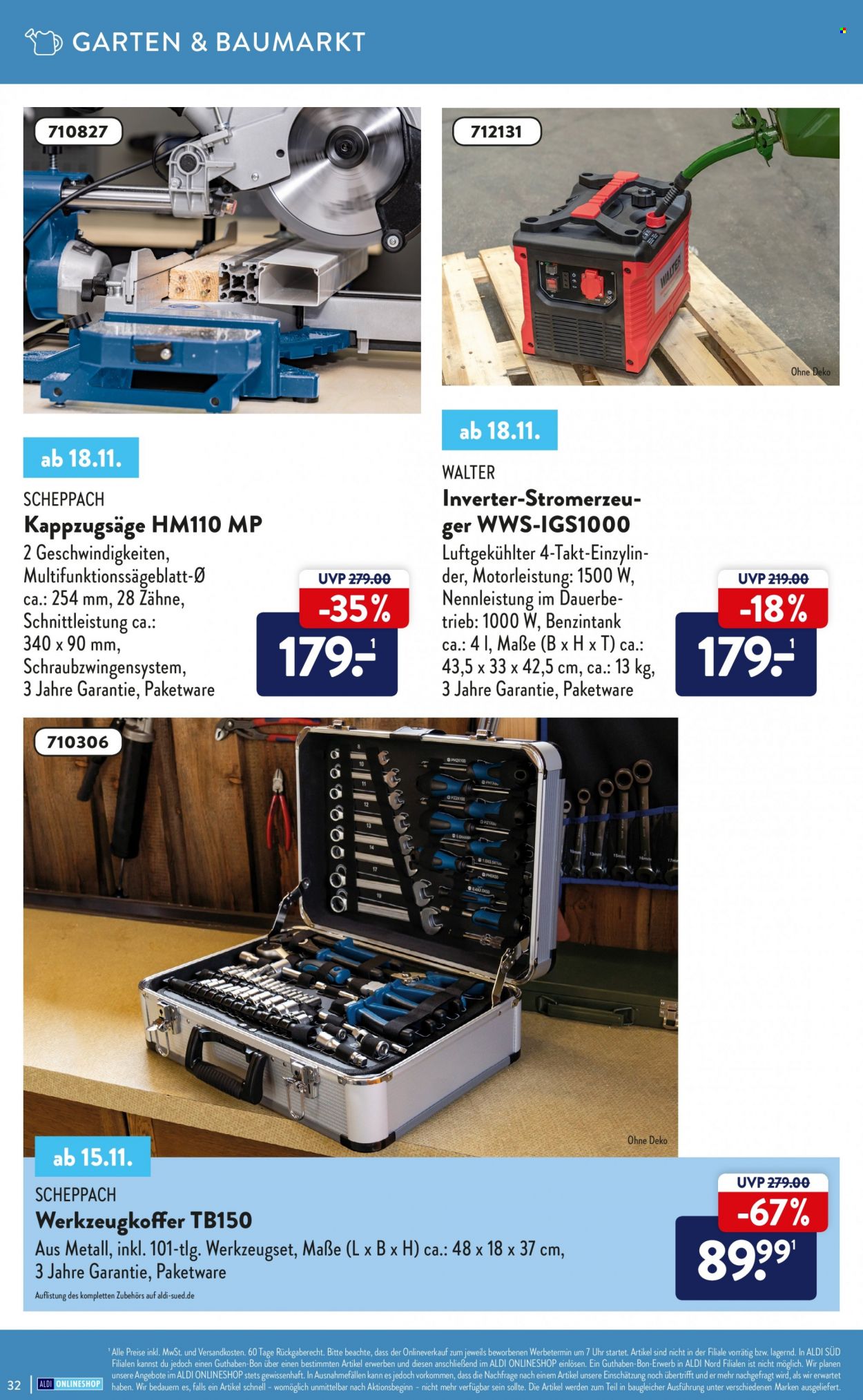 thumbnail - Prospekte ALDI Nord - Produkte in Aktion - Werkzeugbox, Stromerzeuger. Seite 32.