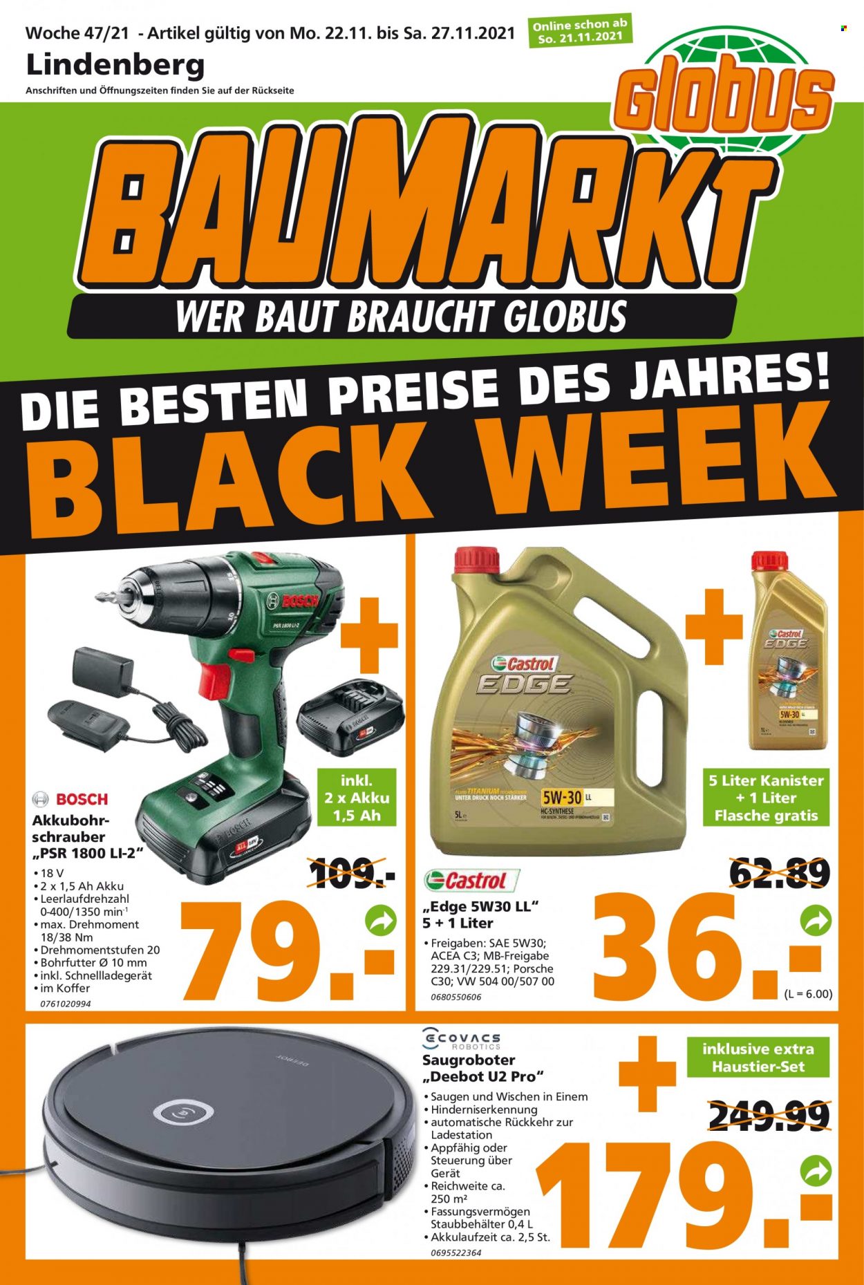 thumbnail - Prospekte Globus Baumarkt - 22.11.2021 - 27.11.2021 - Produkte in Aktion - Bosch, Saugroboter. Seite 1.