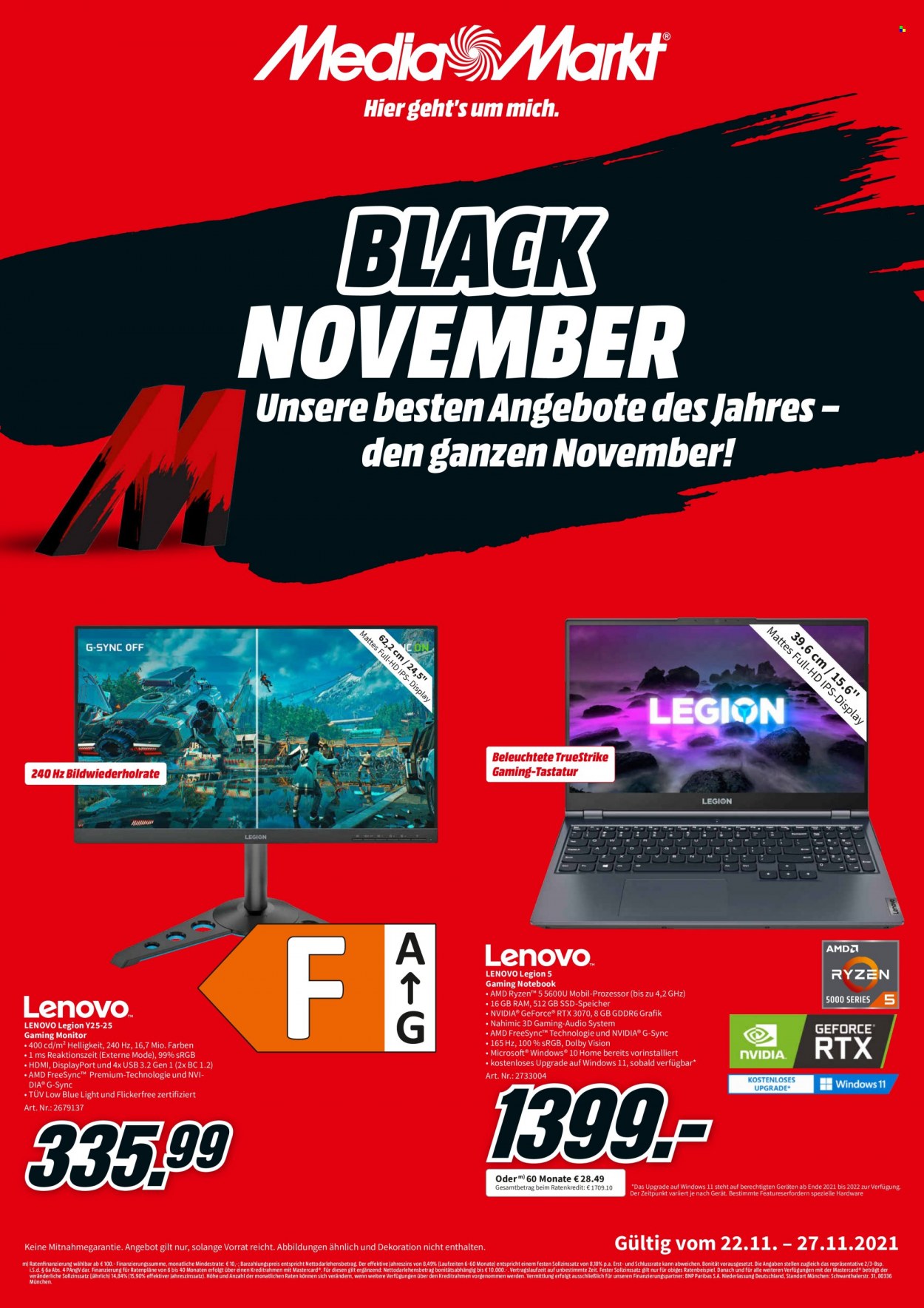thumbnail - Prospekte MediaMarkt - 22.11.2021 - 27.11.2021 - Produkte in Aktion - Lenovo, Gaming PC, SSD-Speicher, Tastatur, Monitor. Seite 1.
