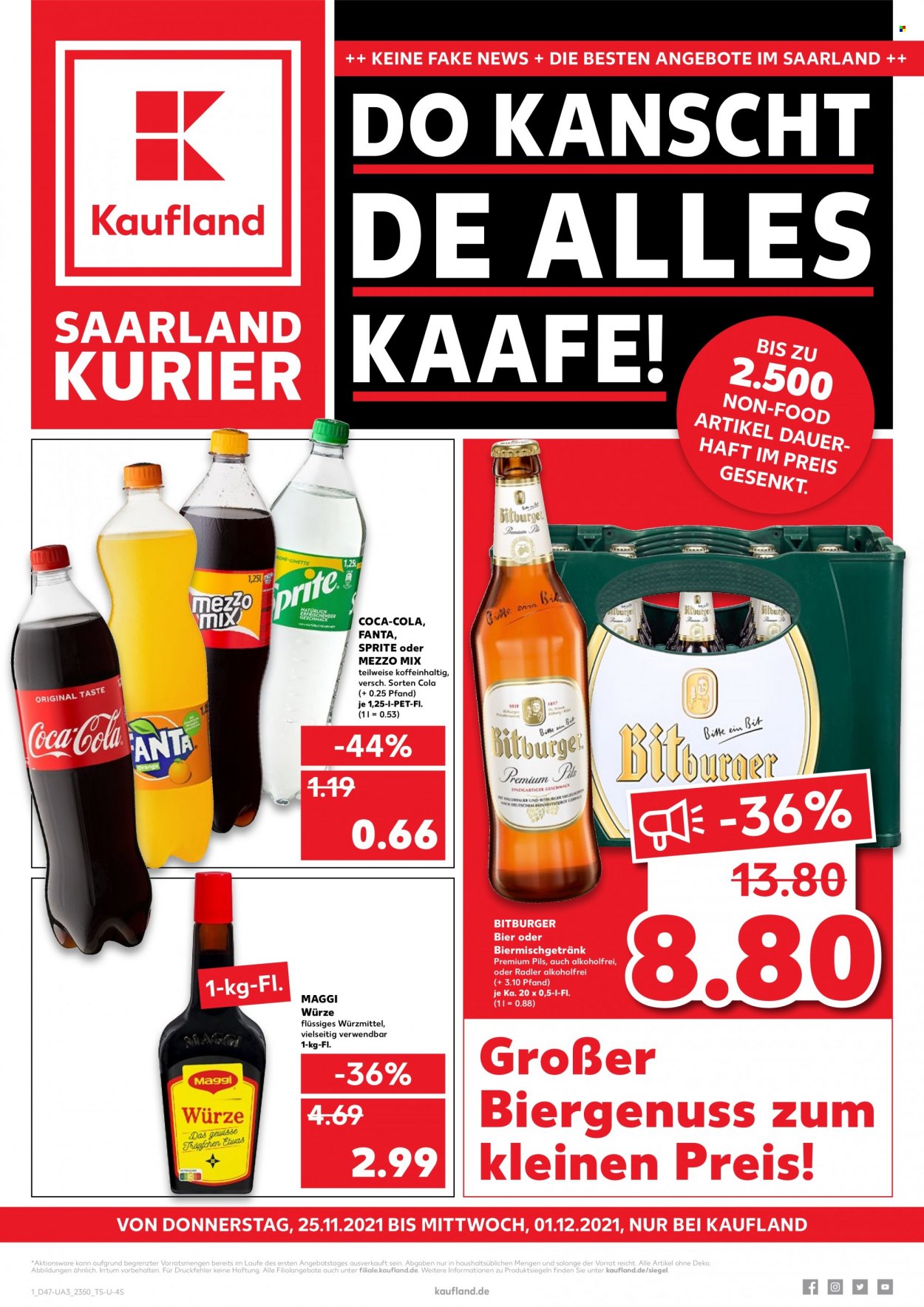 thumbnail - Prospekte Kaufland - 25.11.2021 - 1.12.2021 - Produkte in Aktion - Bitburger, Bier, Radler, Maggi, Coca-Cola, Fanta, Sprite, Mezzo Mix. Seite 1.