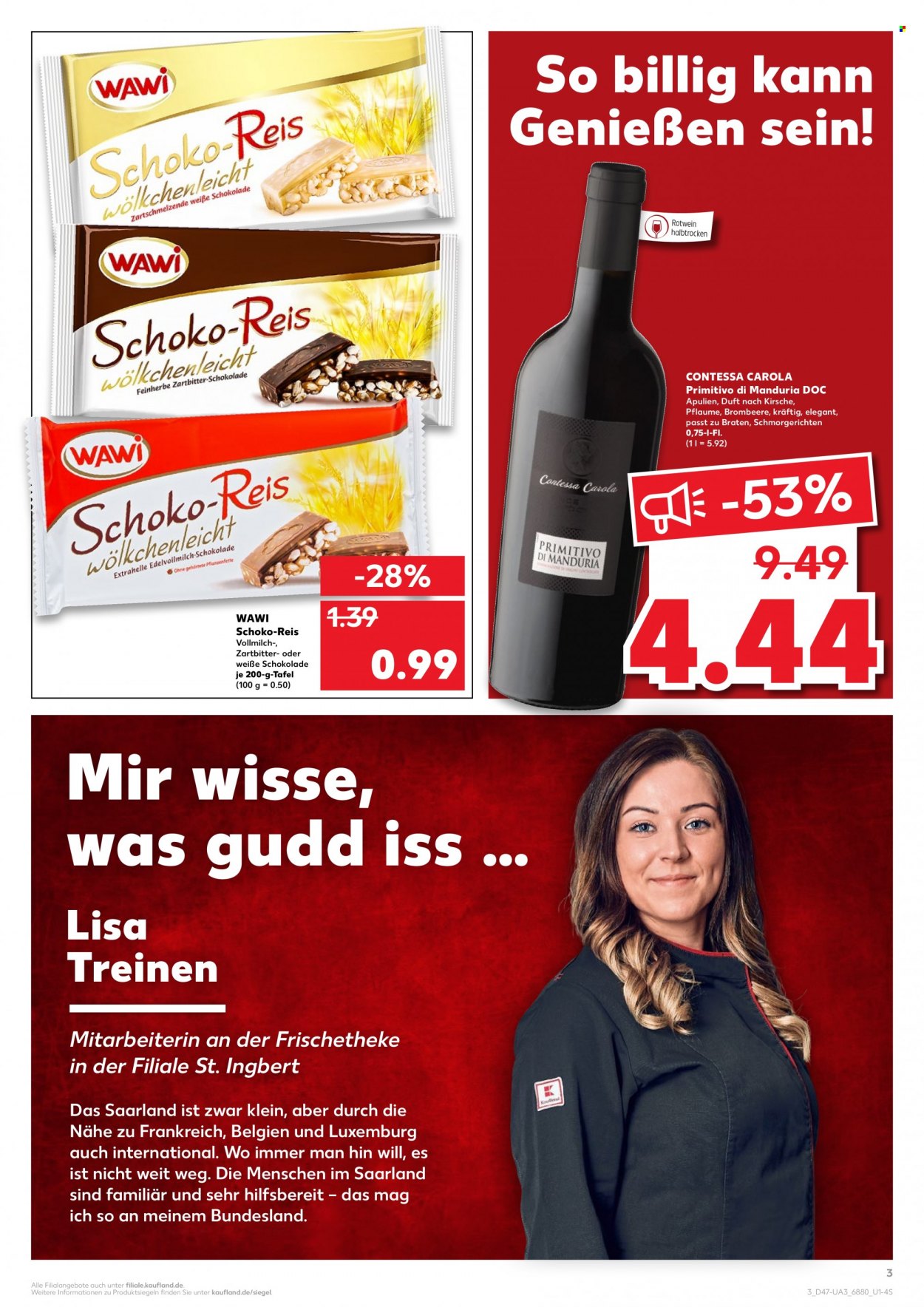 thumbnail - Prospekte Kaufland - 25.11.2021 - 1.12.2021 - Produkte in Aktion - Milch, Zartbitterschokolade, Weiße Schokolade, Schokolade, Wein, Rotwein, Primitivo. Seite 3.
