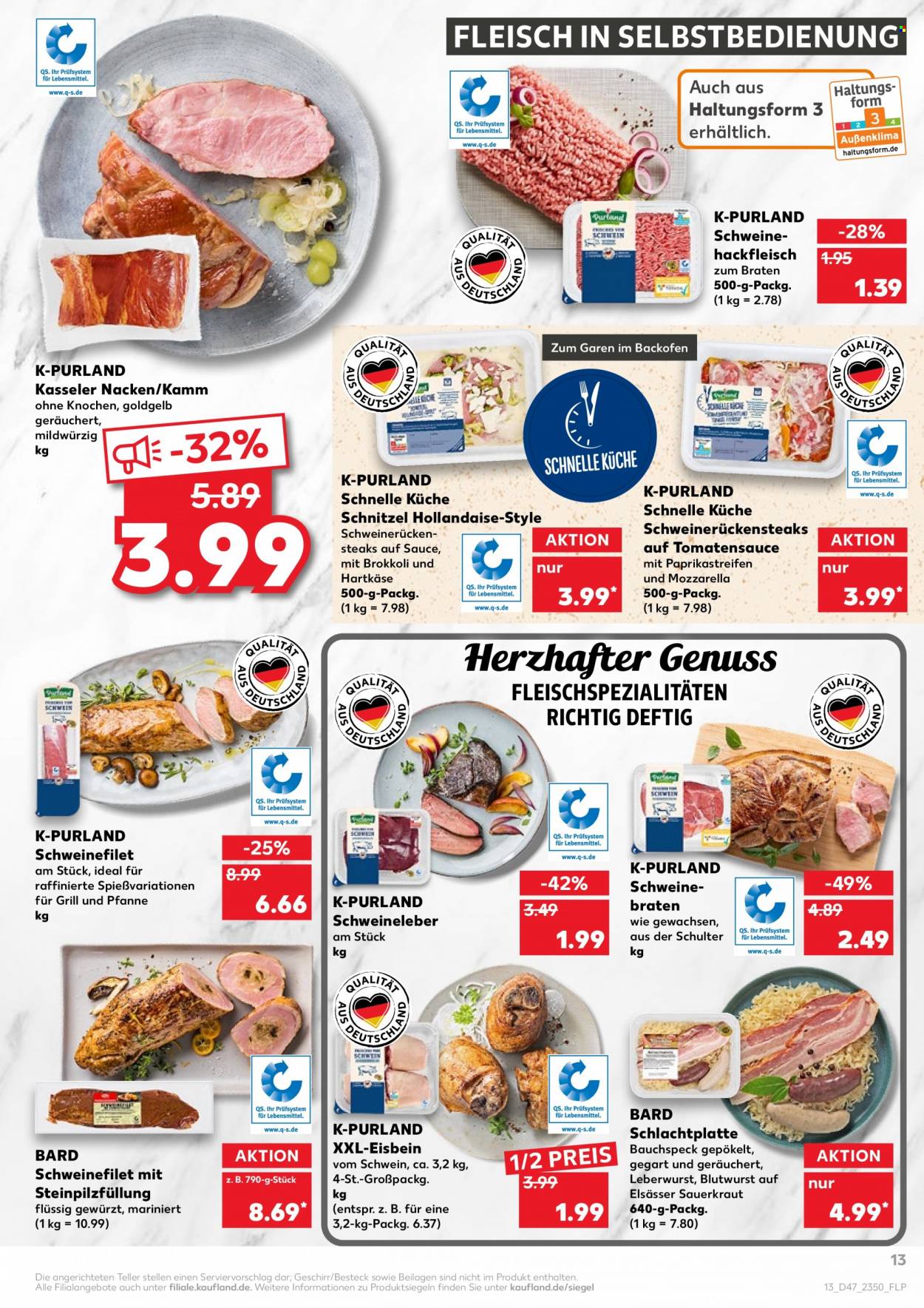 thumbnail - Prospekte Kaufland - 25.11.2021 - 1.12.2021 - Produkte in Aktion - Schnitzel, Steak, Brokkoli, Hackfleisch, Schweinehackfleisch, Schweinefilet, Schweineleber, Wurst, Speck, Leberwurst, Käse, Mozzarella, Hartkäse, Sauerkraut, Soße, Besteck. Seite 17.