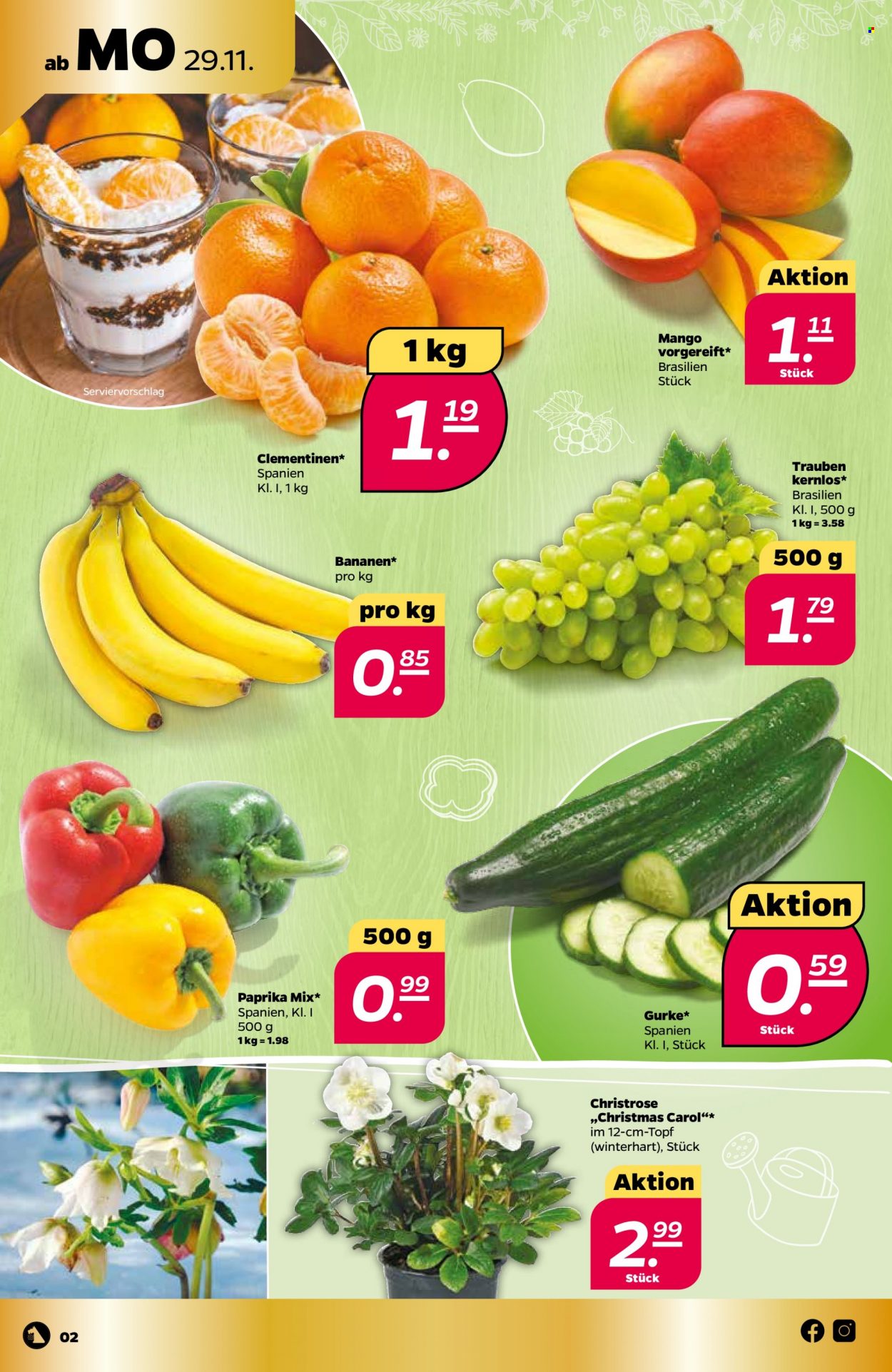 thumbnail - Prospekte Netto - 29.11.2021 - 4.12.2021 - Produkte in Aktion - Paprika, Gurken, Trauben, Bananen, Mango, Clementinen, Christrose. Seite 2.
