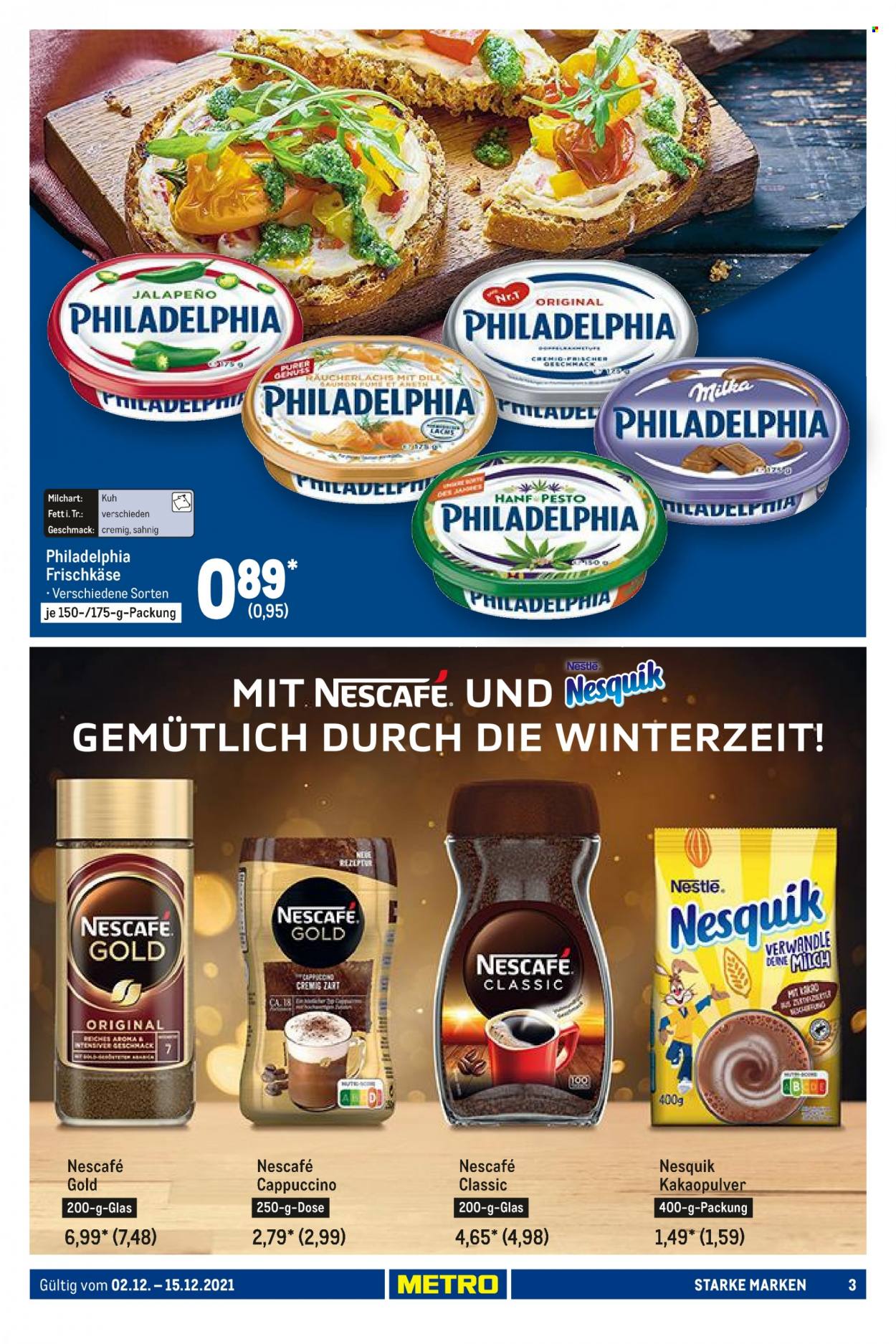 thumbnail - Prospekte Metro - 2.12.2021 - 15.12.2021 - Produkte in Aktion - Käse, Philadelphia, Frischkäse, Milka, Nesquik, Milch, Nestlé, Pesto, Kaffee, Nescafé Gold, Nescafé. Seite 3.