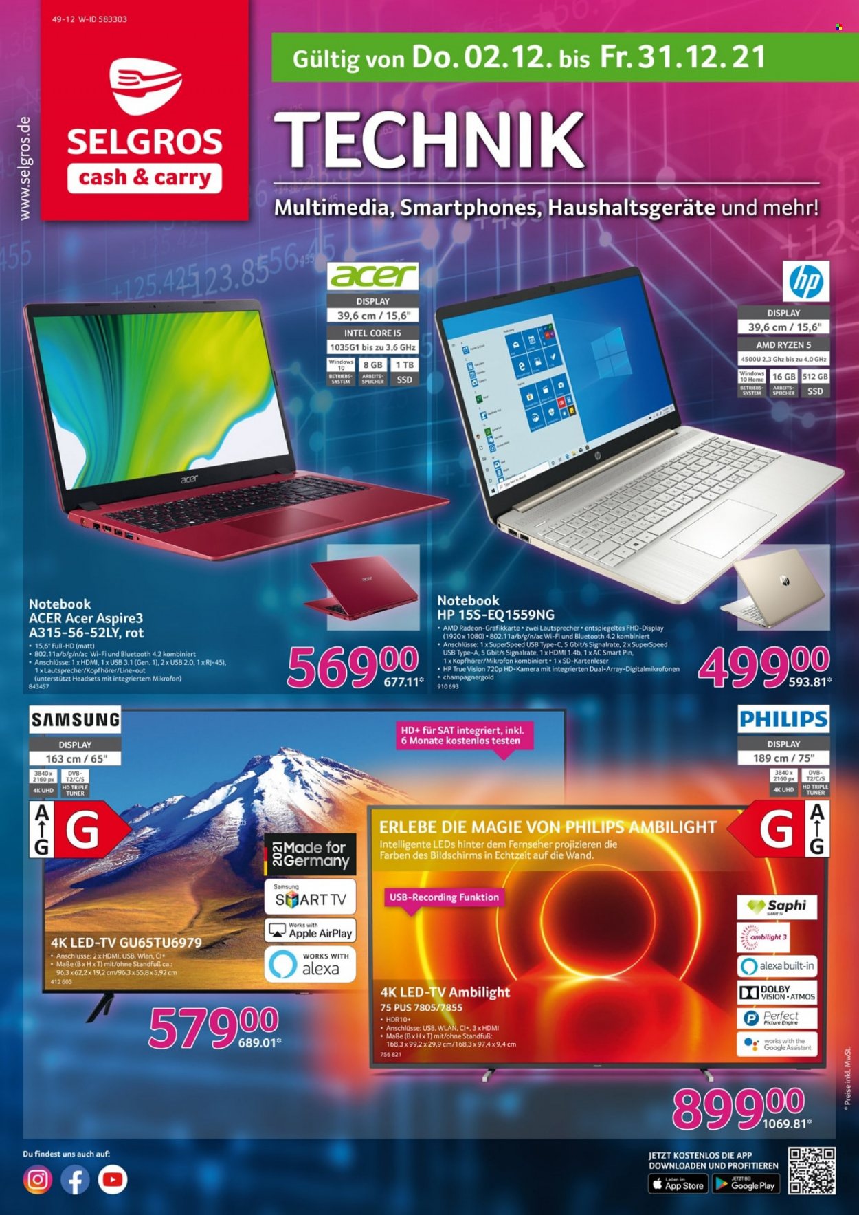 thumbnail - Prospekte Selgros - 2.12.2021 - 31.12.2021 - Produkte in Aktion - Philips, Samsung, LED TV, Apple, Acer, HP, Radeon, Kamera, Lautsprecher. Seite 1.