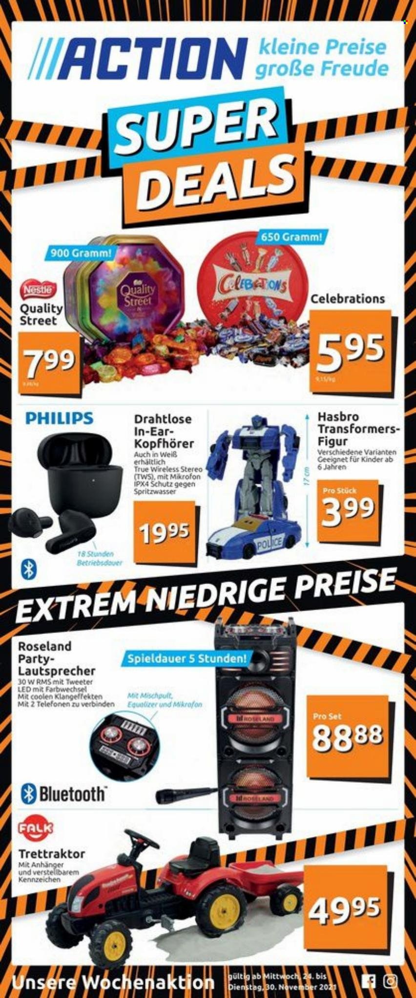 thumbnail - Prospekte Action - 25.11.2021 - 30.11.2021 - Produkte in Aktion - Philips, Nestlé, Hasbro, Lautsprecher, Kopfhörer, Anhänger. Seite 1.