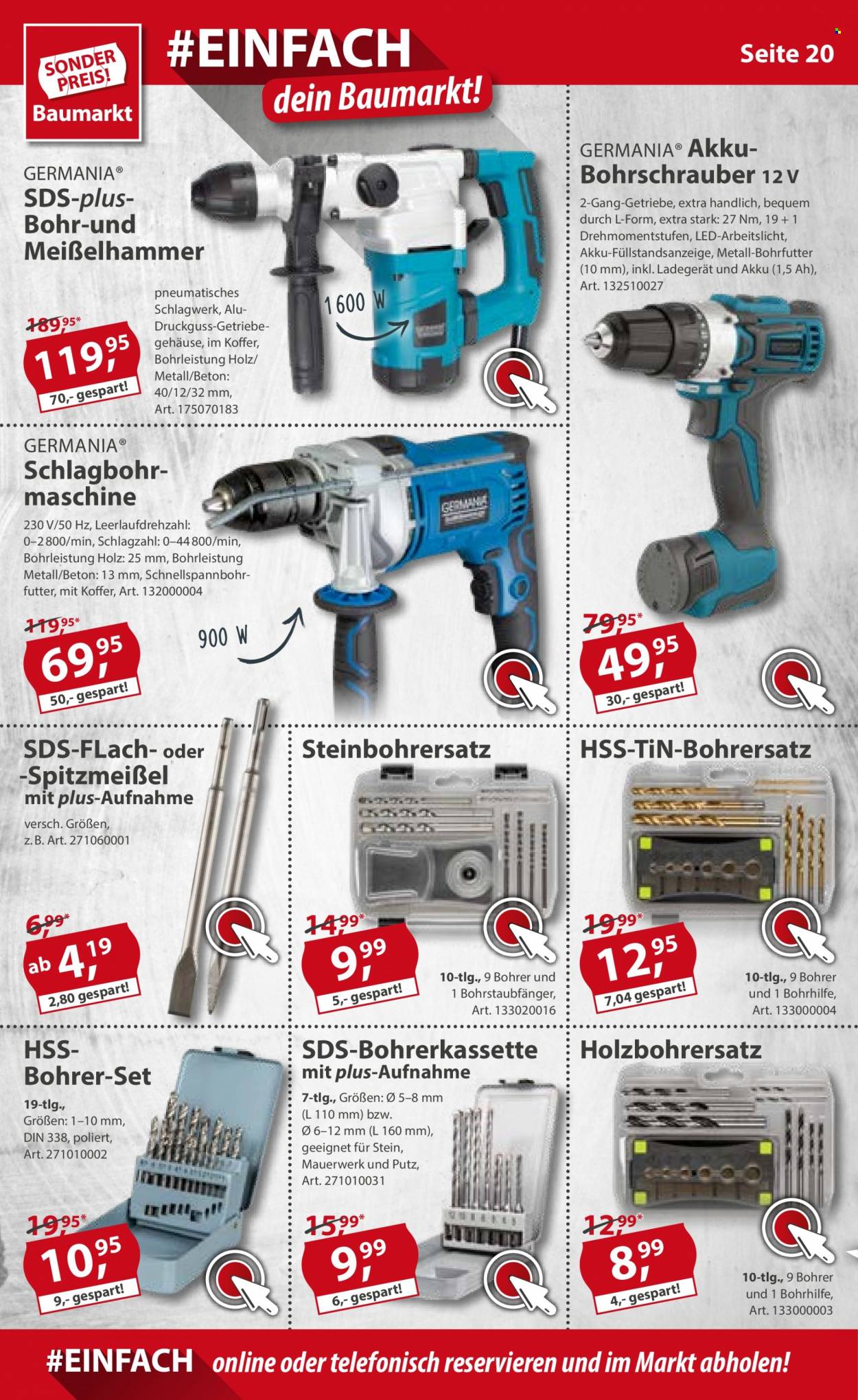 thumbnail - Prospekte Sonderpreis-Baumarkt - 4.12.2021 - 10.12.2021 - Produkte in Aktion - Koffer, Holz, Bohrschrauber, Schlagbohrmaschine. Seite 20.