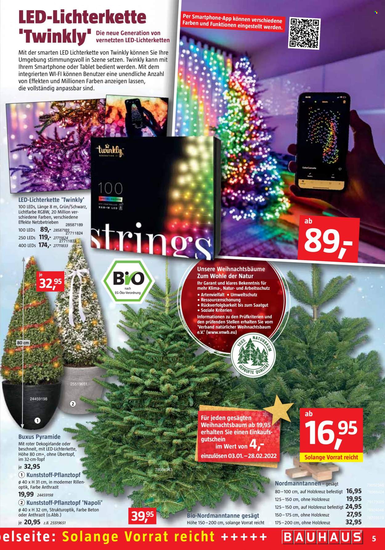 thumbnail - Prospekte Bauhaus - 27.11.2021 - 25.12.2021 - Produkte in Aktion - Weihnachtsbaum, Lichterkette, LED Lichterkette, Pflanztopf. Seite 5.