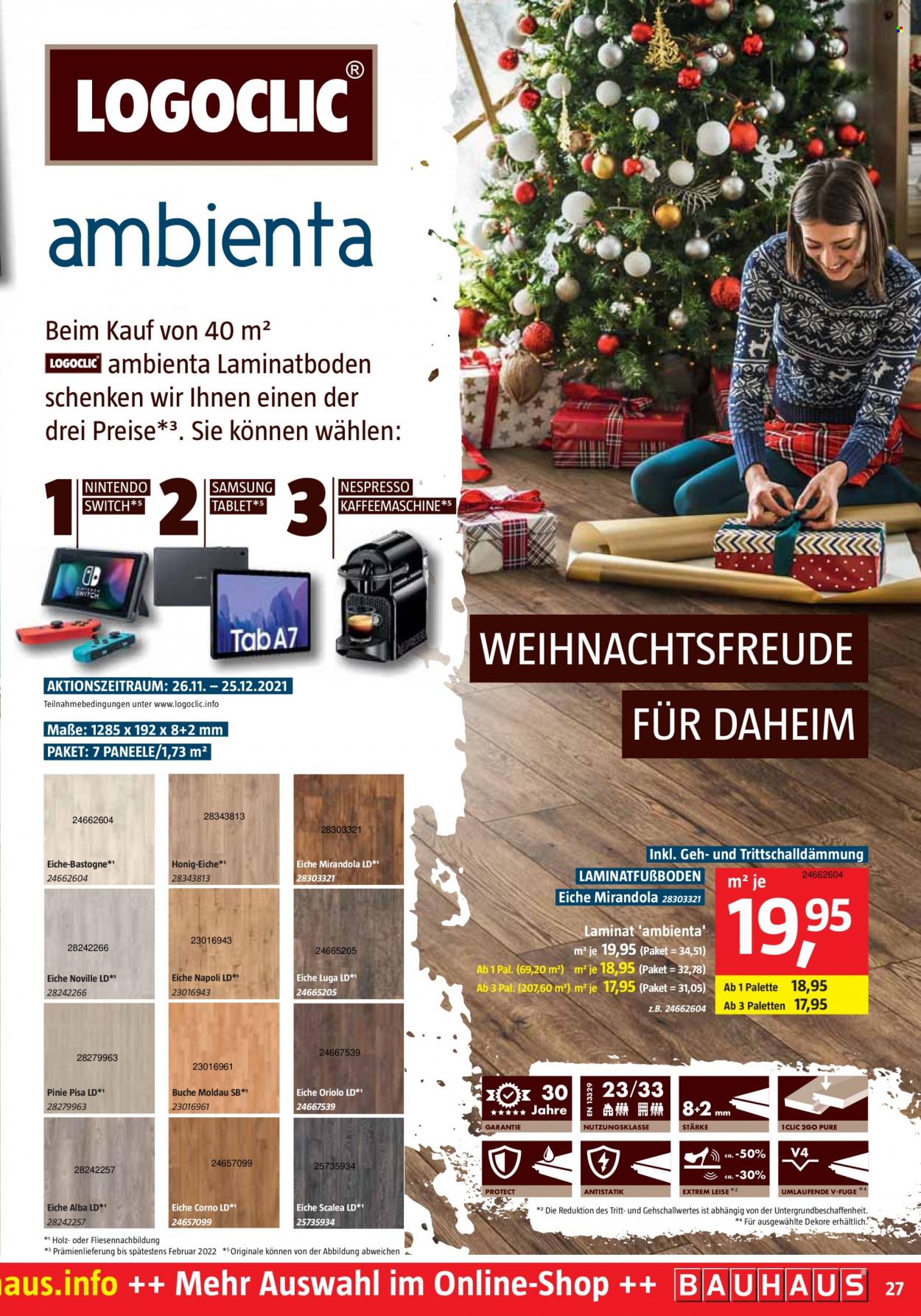 thumbnail - Prospekte Bauhaus - 27.11.2021 - 25.12.2021 - Produkte in Aktion - Samsung, Logoclic, Laminatboden, Laminat, Holz. Seite 27.