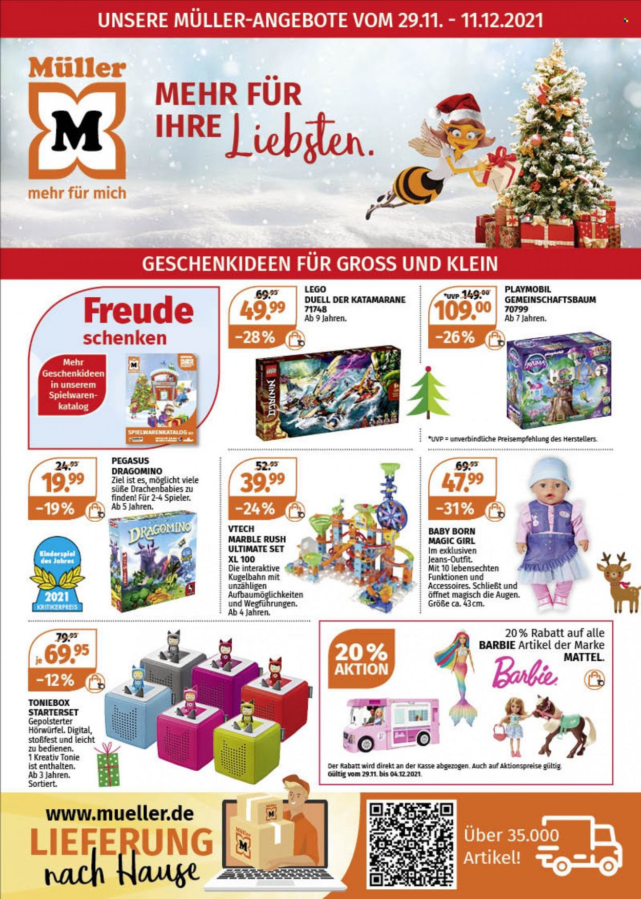 thumbnail - Prospekte Müller - 29.11.2021 - 11.12.2021 - Produkte in Aktion - Barbie, Kugelbahn, Ninjago, Kinderspiel, Mattel, Toniebox, Playmobil. Seite 1.