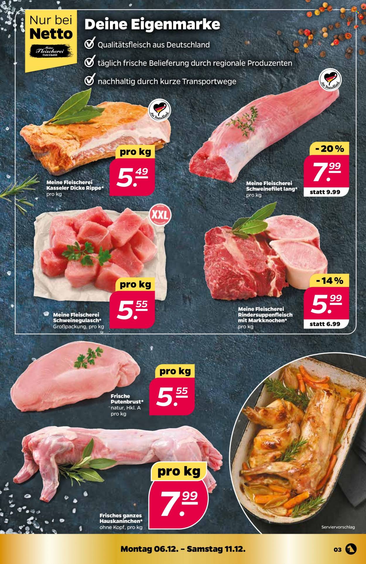 thumbnail - Prospekte Netto - 6.12.2021 - 11.12.2021 - Produkte in Aktion - Putenbrust, Putenfleisch, Schweinefleisch, Schweinegulasch, Schweinefilet. Seite 3.