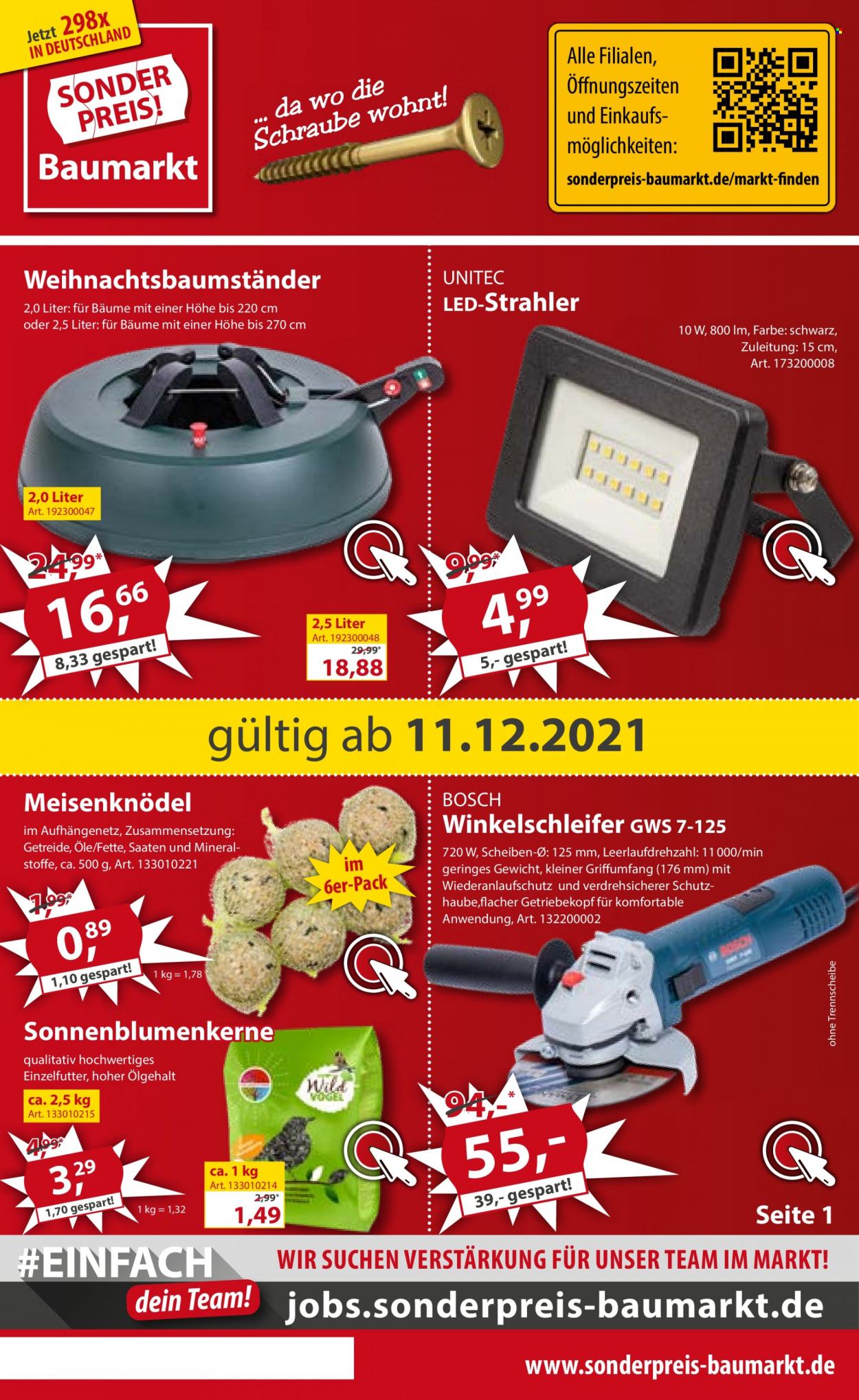 thumbnail - Prospekte Sonderpreis-Baumarkt - 11.12.2021 - 17.12.2021 - Produkte in Aktion - Bosch, Sonnenblumenkerne, Meisenknödel, Winkelschleifer. Seite 1.