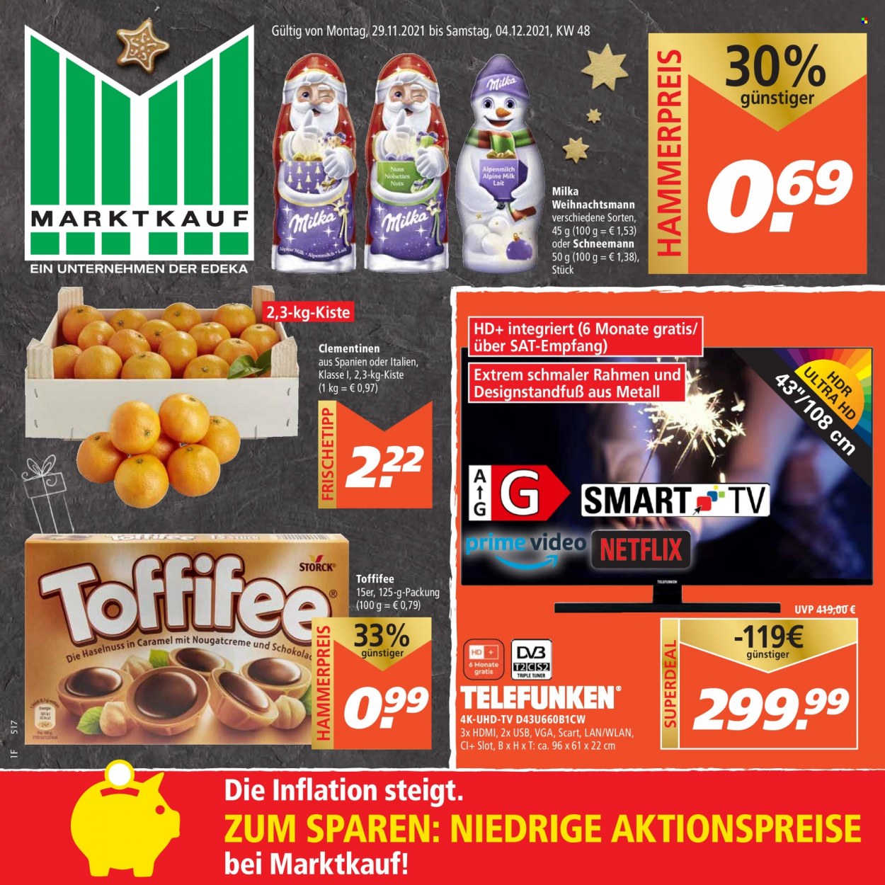Prospekte Marktkauf - 6.12.2021 - 11.12.2021 - Produkte in Aktion - UHD-TV, Clementinen, Milka, Toffifee, Storck, HDMI. Seite 1.