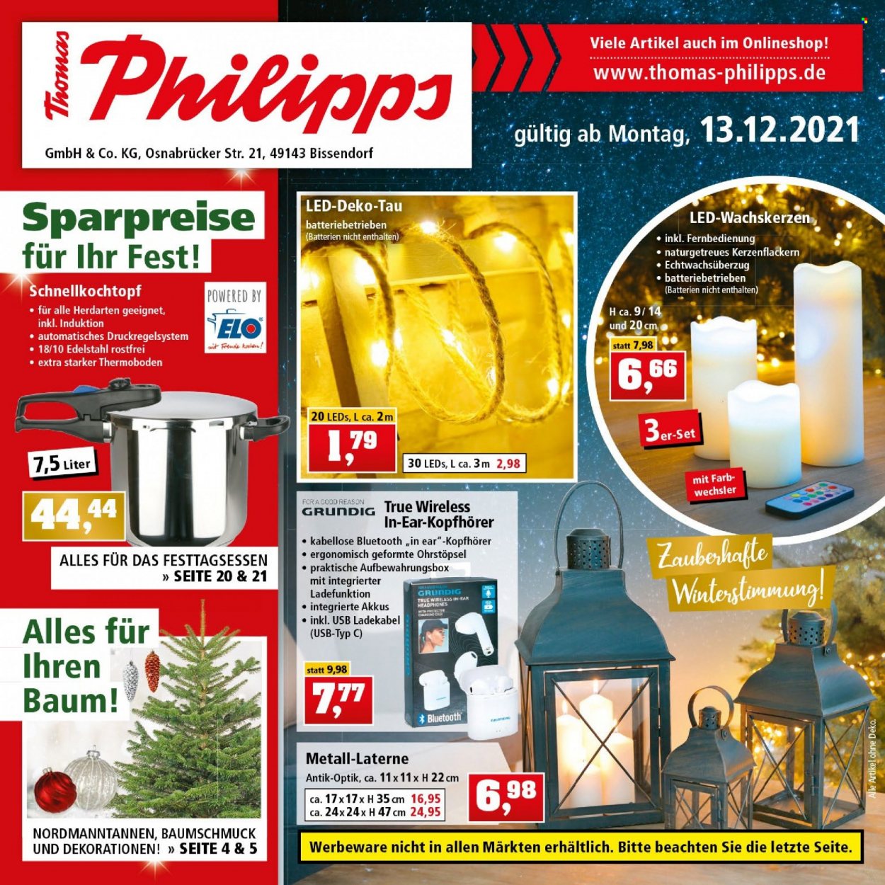 thumbnail - Prospekte Thomas Philipps - 13.12.2021 - 18.12.2021 - Produkte in Aktion - Grundig, Aufbewahrungsbox, Schnellkochtopf, Baumschmuck, Laterne. Seite 1.