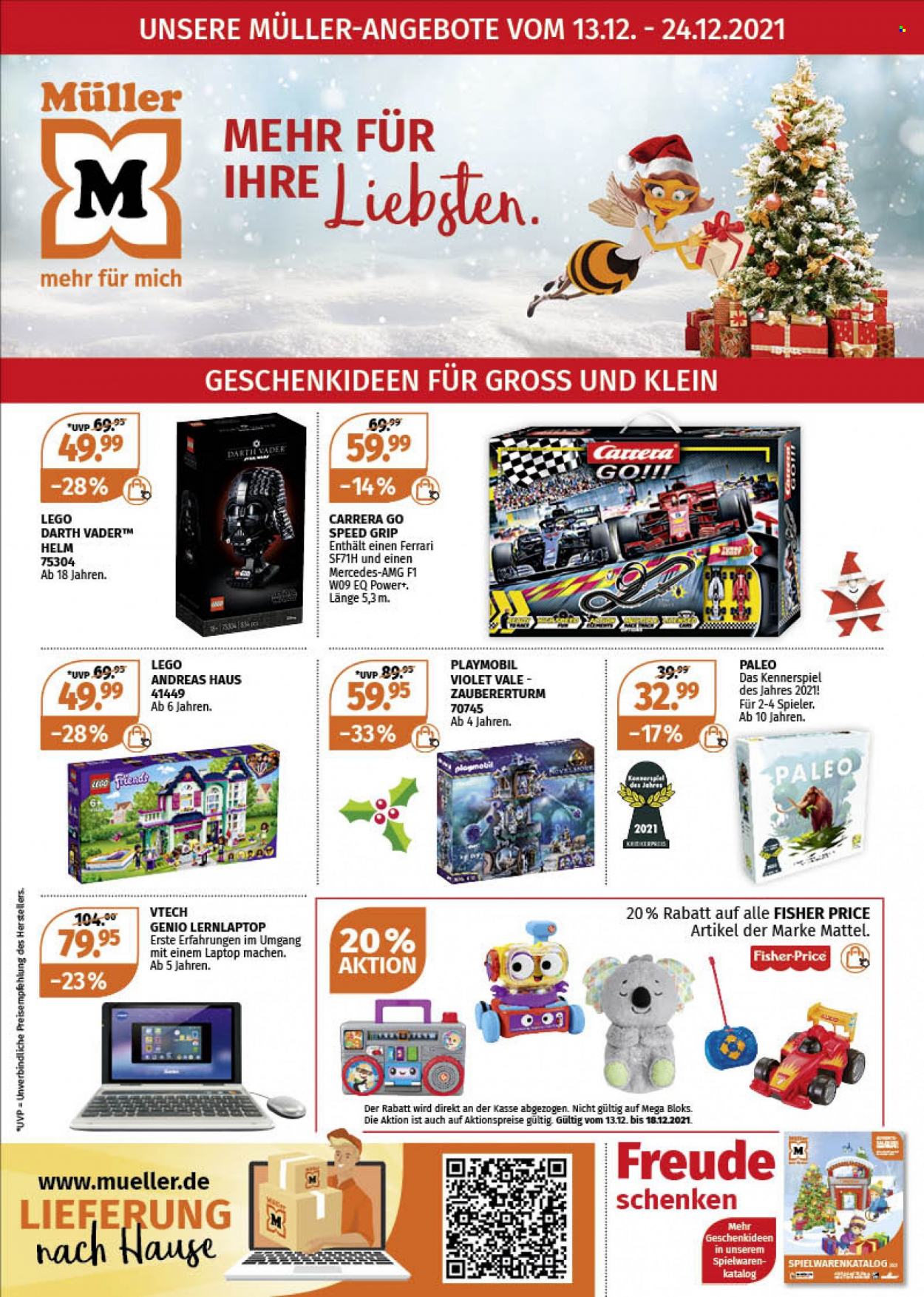 thumbnail - Prospekte Müller - 13.12.2021 - 24.12.2021 - Produkte in Aktion - Mattel, Carrera, Spielwaren, Playmobil. Seite 1.