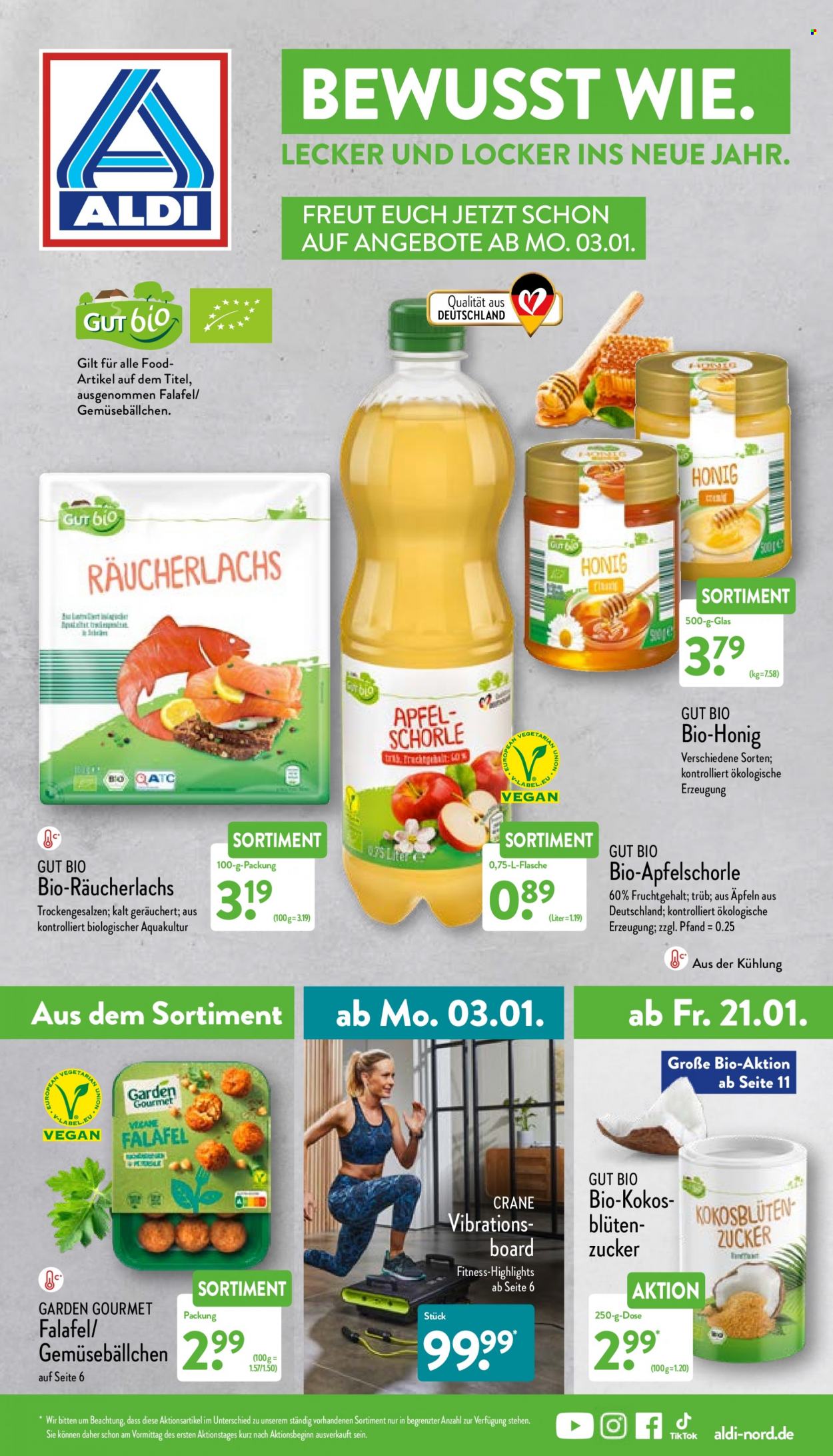 thumbnail - Prospekte ALDI Nord - Produkte in Aktion - Äpfel, fertiges Essen, Falafel, Räucherlachs, Honig, Apfelschorle. Seite 1.