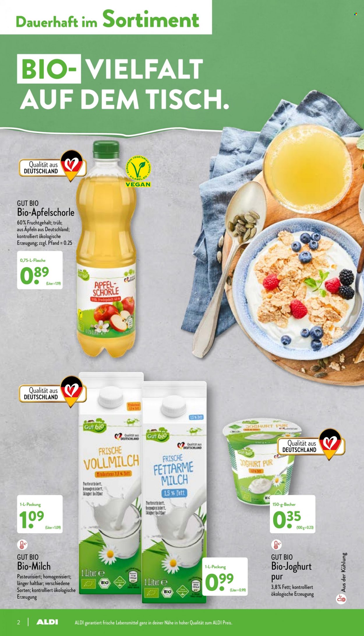 thumbnail - Prospekte ALDI Nord - Produkte in Aktion - Äpfel, Joghurt, Bio-Joghurt, Vollmilch, Apfelschorle, Tisch. Seite 2.