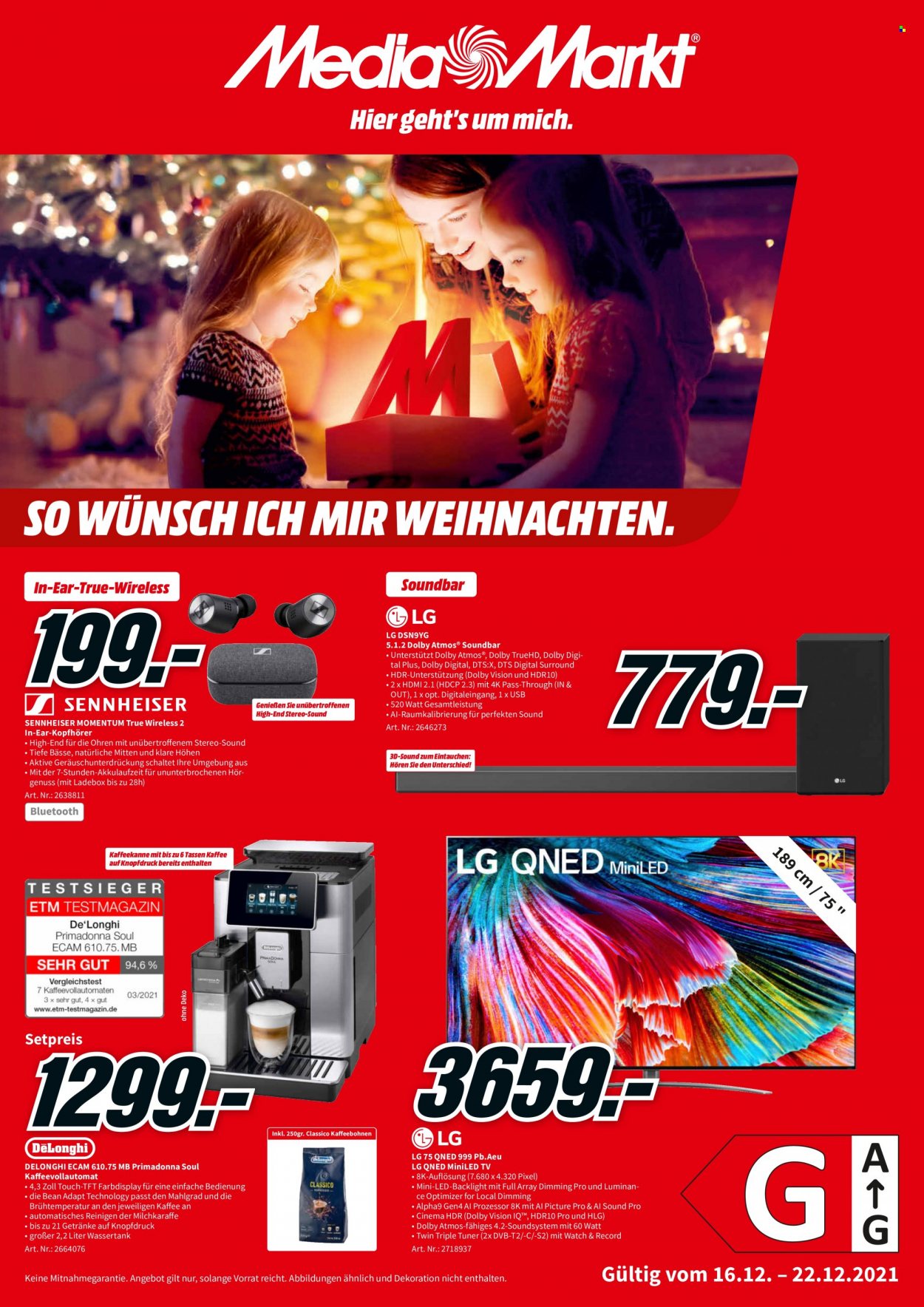 thumbnail - Prospekte MediaMarkt - 16.12.2021 - 22.12.2021 - Produkte in Aktion - LG, Soundbar, Sennheiser, Kaffeeautomat, De'Longhi. Seite 1.