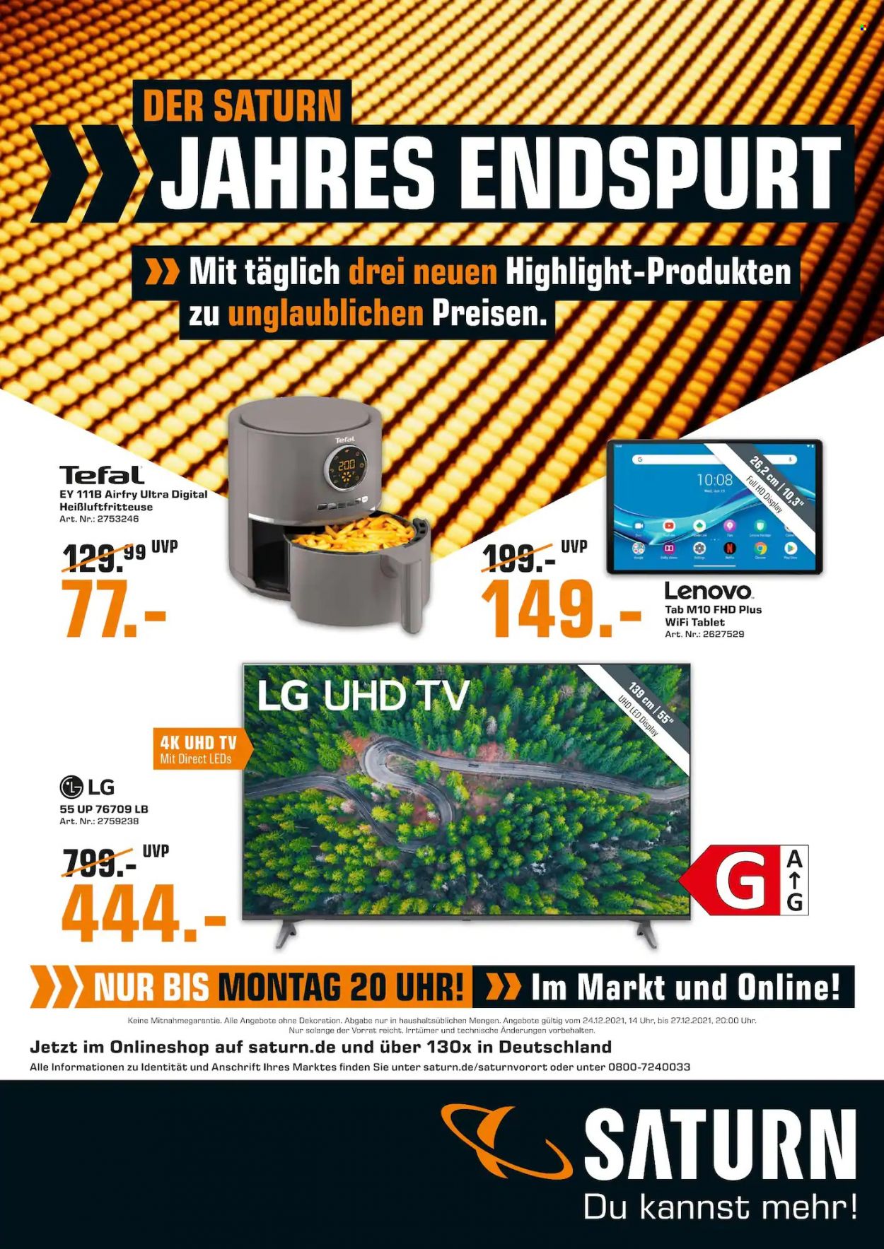 thumbnail - Prospekte Saturn - 24.12.2021 - 27.12.2021 - Produkte in Aktion - LG, Tefal, UHD-TV, Lenovo, Tablet, Heißluftfritteuse. Seite 1.