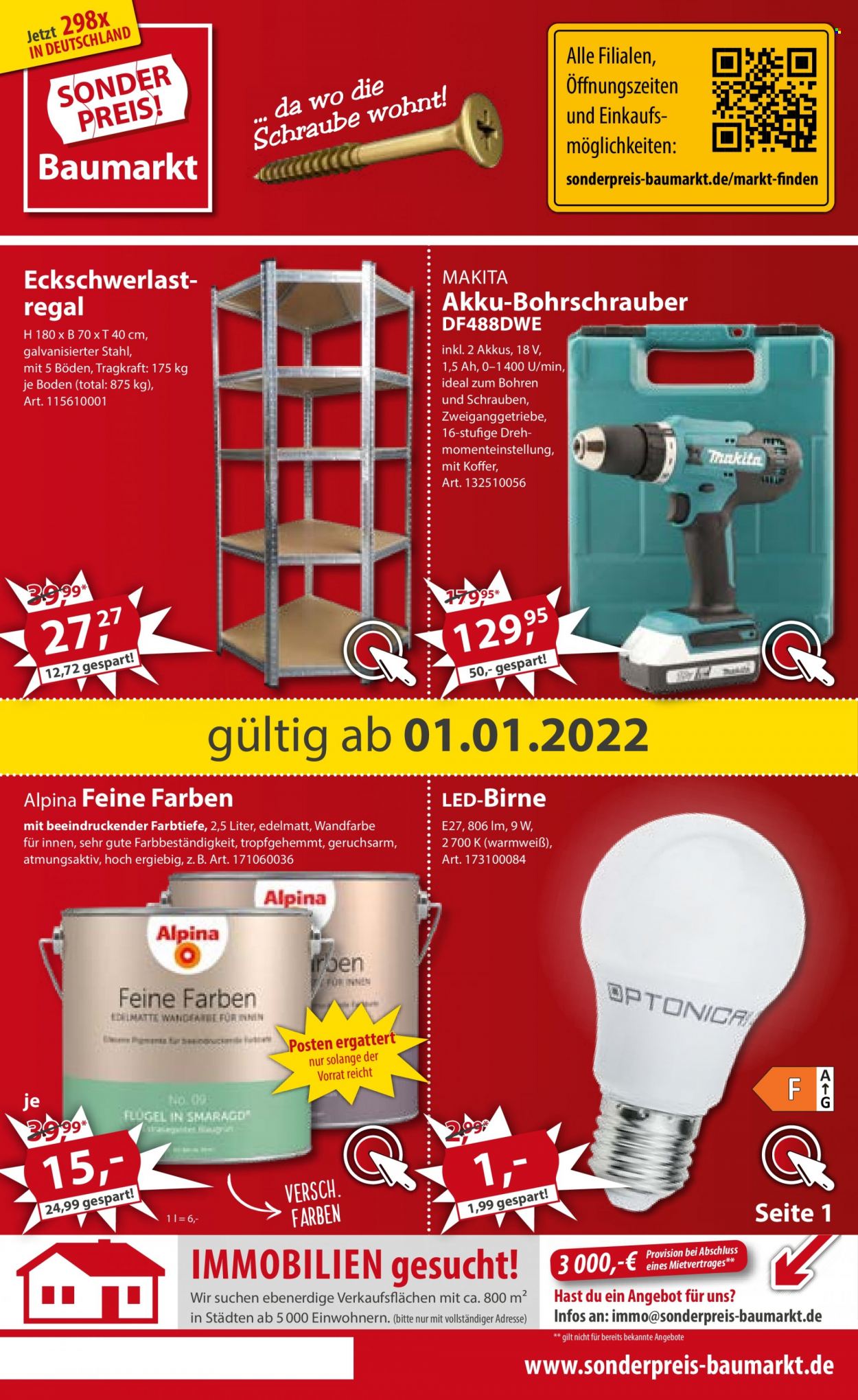 thumbnail - Prospekte Sonderpreis-Baumarkt - 1.01.2022 - 7.01.2022 - Produkte in Aktion - Alpina, Koffer, Makita, Akku-Bohrschrauber, Bohrschrauber. Seite 1.