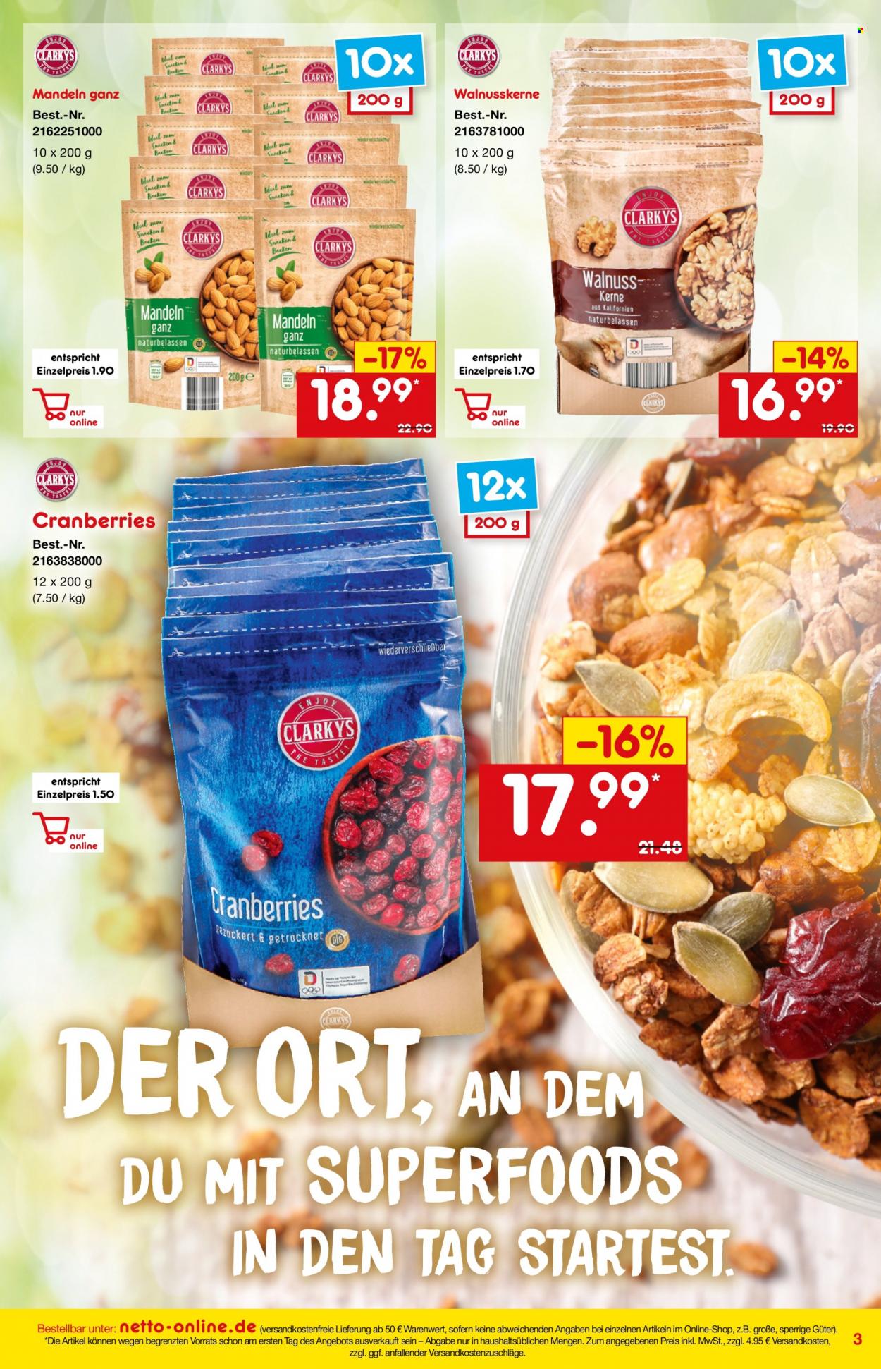 thumbnail - Prospekte Netto Marken-Discount - 1.01.2022 - 31.01.2022 - Produkte in Aktion - Cranberries, Mandeln, Walnuss Kerne. Seite 3.