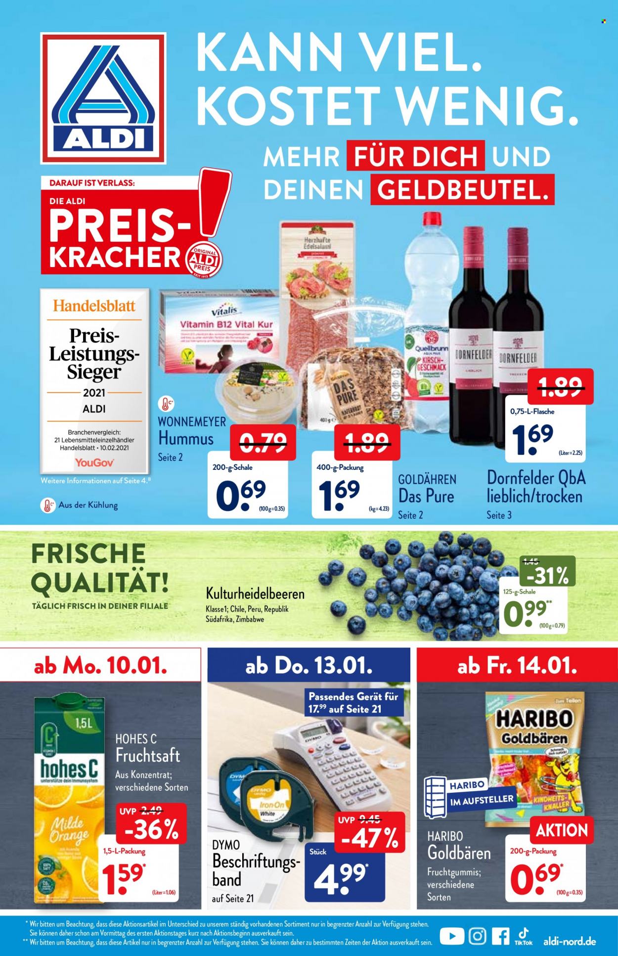thumbnail - Prospekte ALDI Nord - 10.01.2022 - 15.01.2022 - Produkte in Aktion - Heidelbeeren, Hummus, Haribo, Bonbons, Hohes C, Saft, Fruchtsaft. Seite 1.