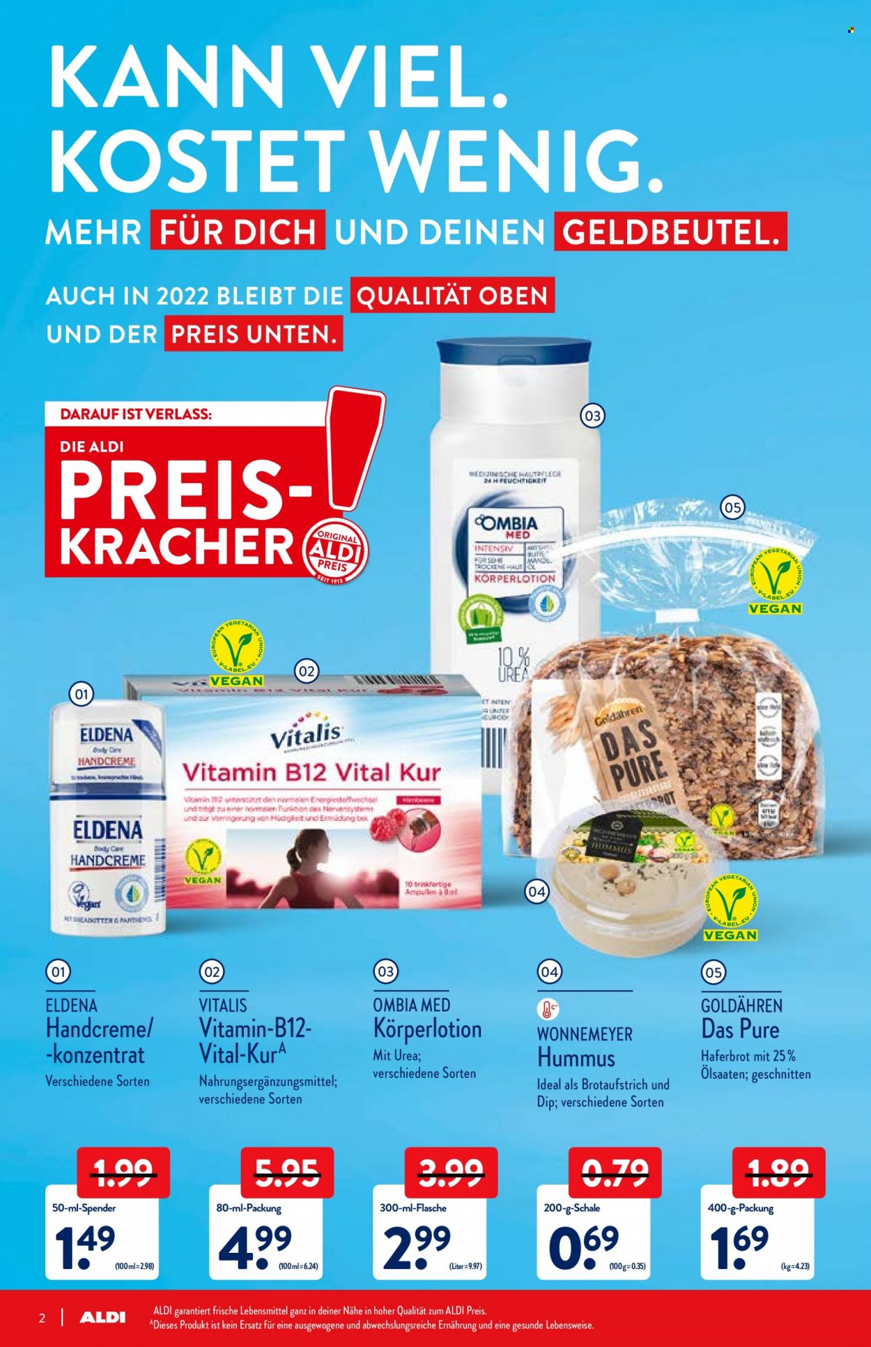 thumbnail - Prospekte ALDI Nord - 10.01.2022 - 15.01.2022 - Produkte in Aktion - Hummus, Vitalis, Körperlotion, Handcreme, Vitamine. Seite 2.