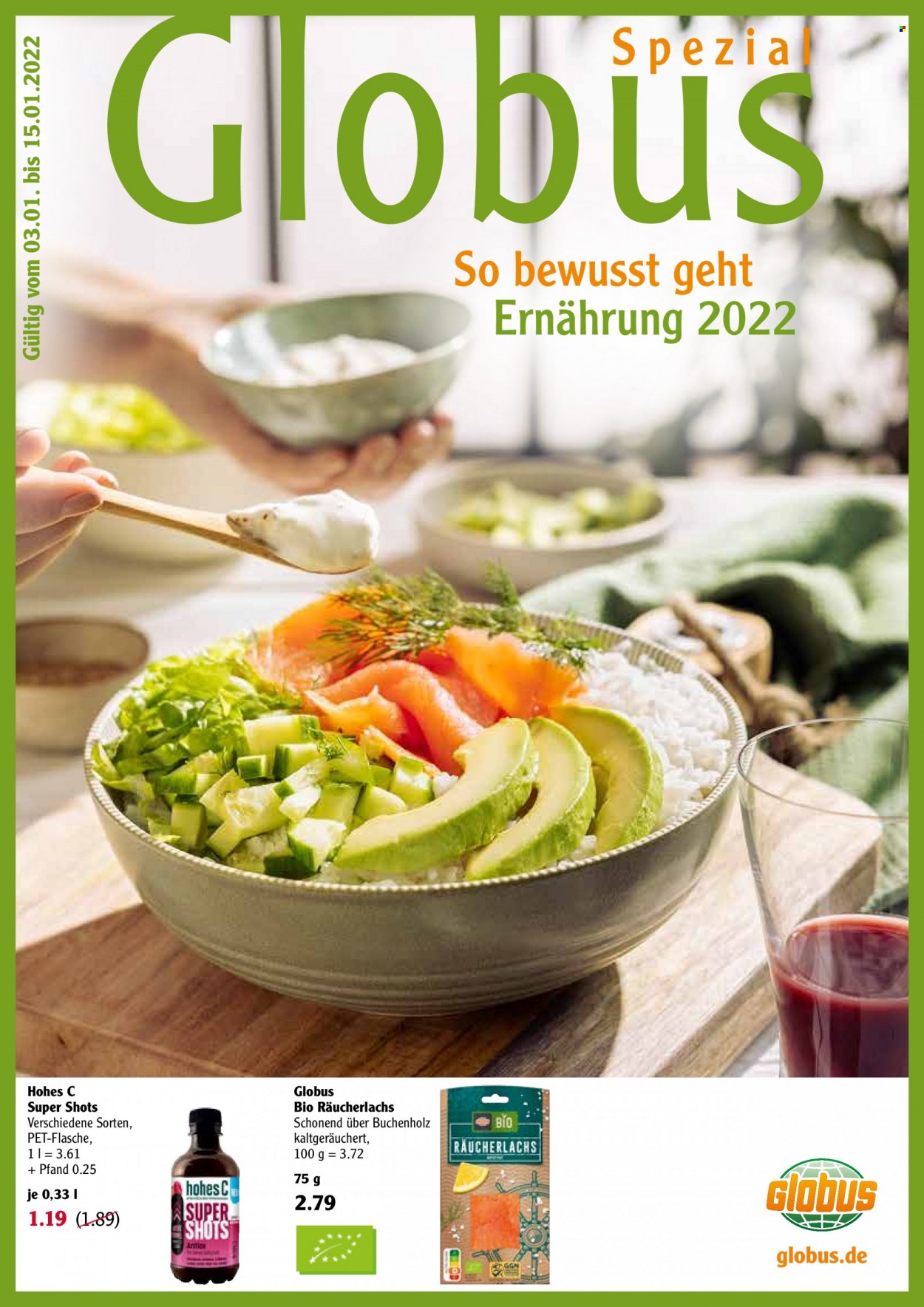 thumbnail - Prospekte Globus - 3.01.2022 - 15.01.2022 - Produkte in Aktion - Räucherlachs, Hohes C. Seite 1.