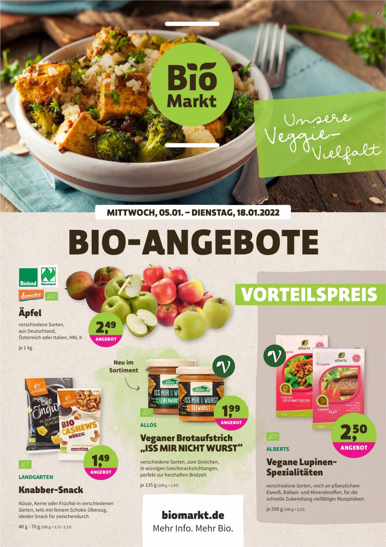 Prospekte BioMarkt - 5.01.2022 - 18.01.2022 - Produkte in Aktion - Früchte, Wurst, Brotaufstrich, KnabberSnack. Seite 1.