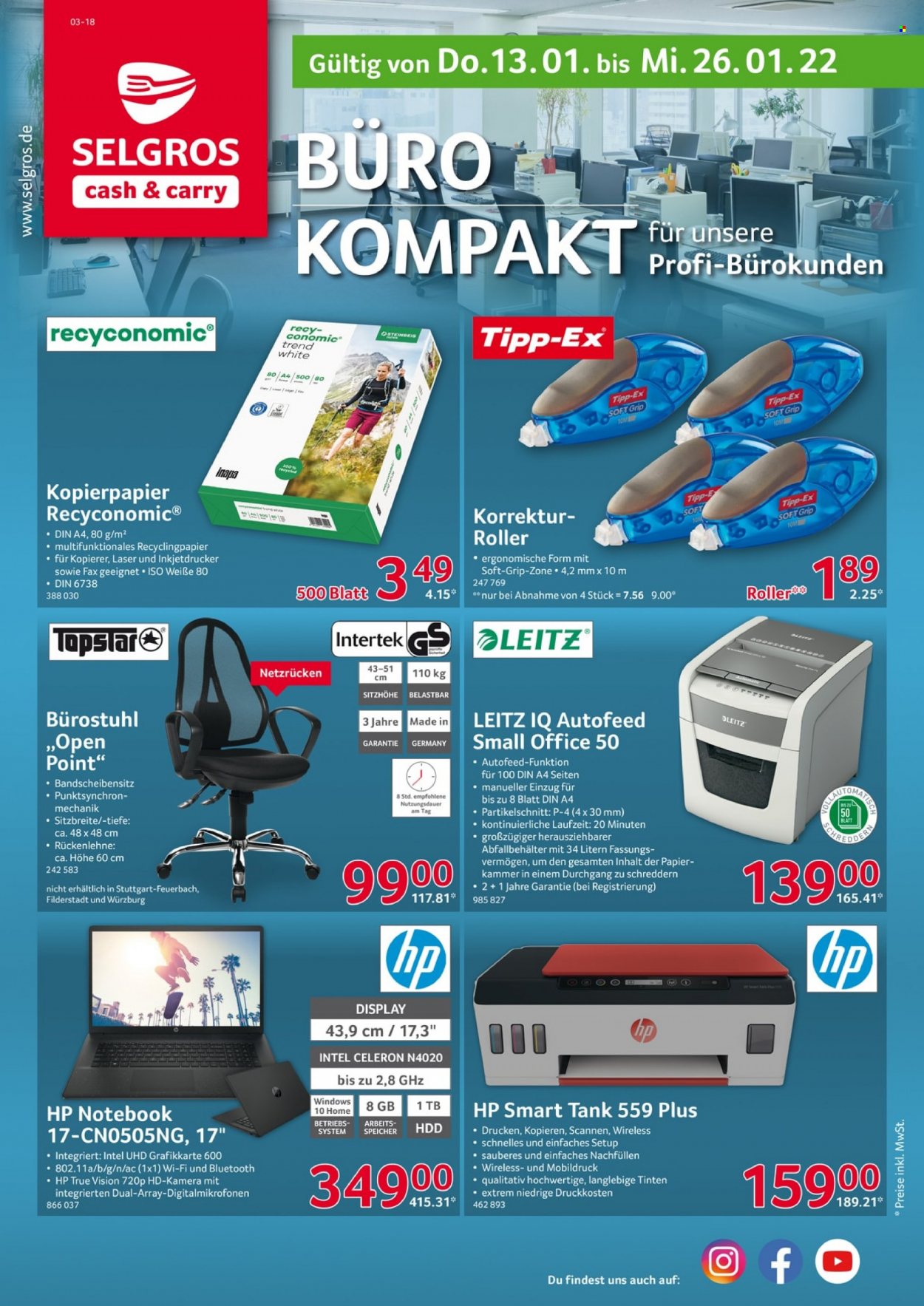 thumbnail - Prospekte Selgros - 13.01.2022 - 26.01.2022 - Produkte in Aktion - Kopierpapier, HP, HDD, Kamera. Seite 1.