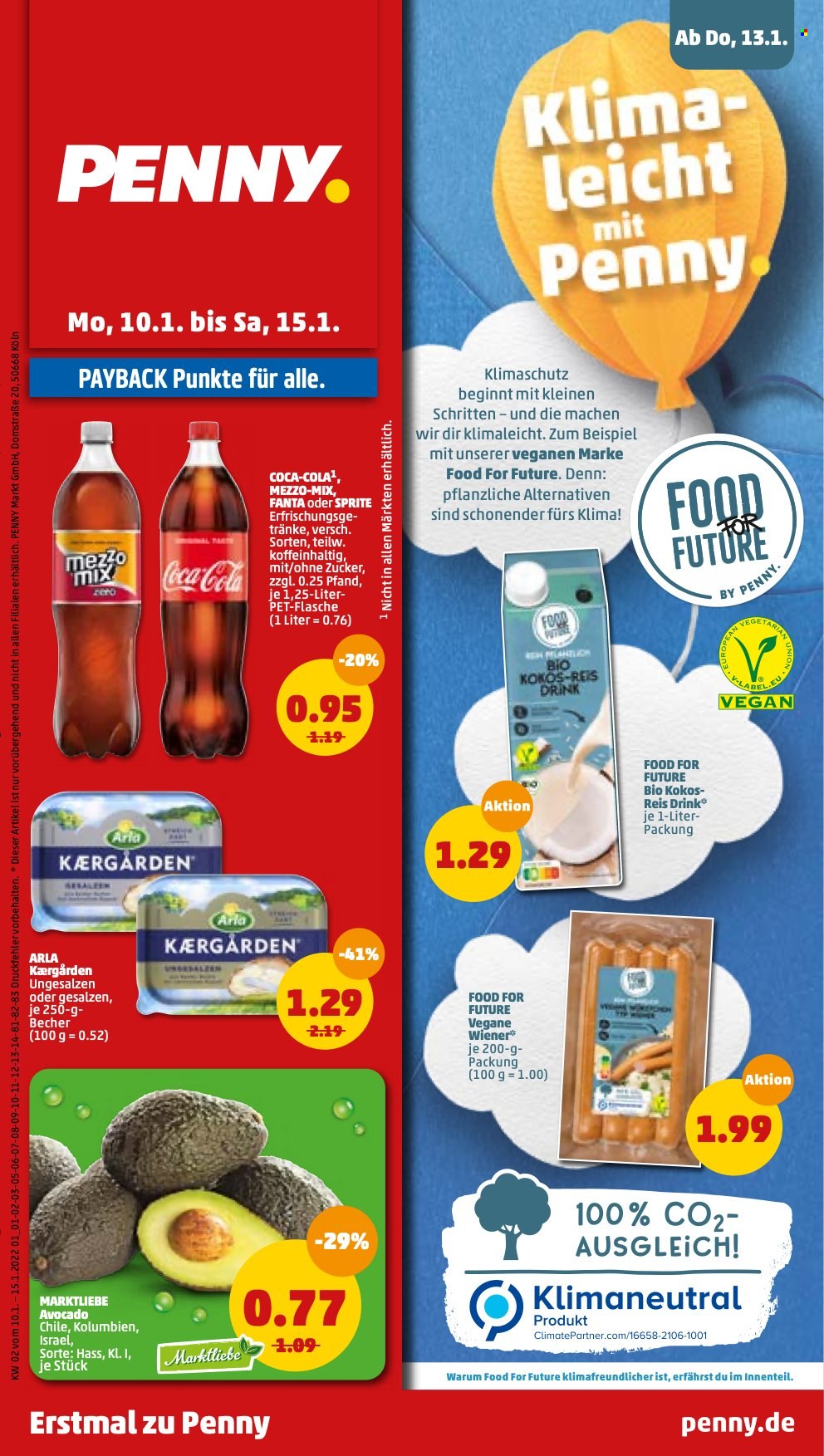 thumbnail - Prospekte Penny - 10.01.2022 - 15.01.2022 - Produkte in Aktion - Avocado, Arla, Kærgården, Reis, Coca-Cola, Fanta, Sprite, Mezzo Mix. Seite 1.