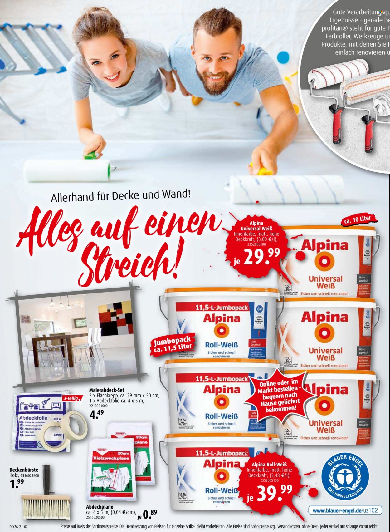 thumbnail - Prospekte Roller - Produkte in Aktion - Alpina, Pinsel, Premiumweiß, Innenfarbe, Farbroller, Holz, Orchidee. Seite 2.