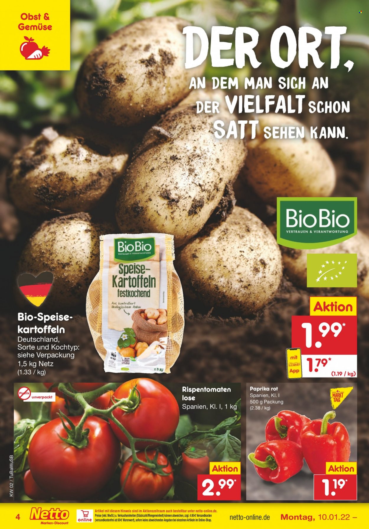 thumbnail - Prospekte Netto Marken-Discount - 10.01.2022 - 15.01.2022 - Produkte in Aktion - Paprika, Speisekartoffeln, Rispentomaten, Kartoffeln. Seite 4.