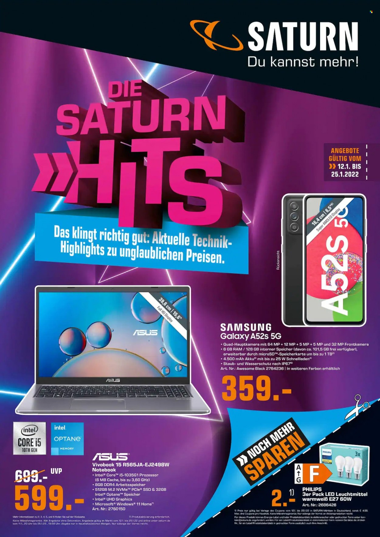 thumbnail - Prospekte Saturn - 12.01.2022 - 25.01.2022 - Produkte in Aktion - Philips, Samsung, Asus, Samsung Galaxy, VivoBook. Seite 1.