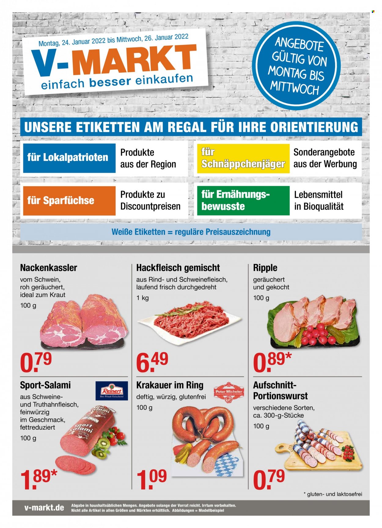 thumbnail - Prospekte V-Markt - 24.01.2022 - 26.01.2022 - Produkte in Aktion - Kraut, Rindfleisch, Hackfleisch, Schweinehackfleisch, Salami, Krakauer, Regal. Seite 1.